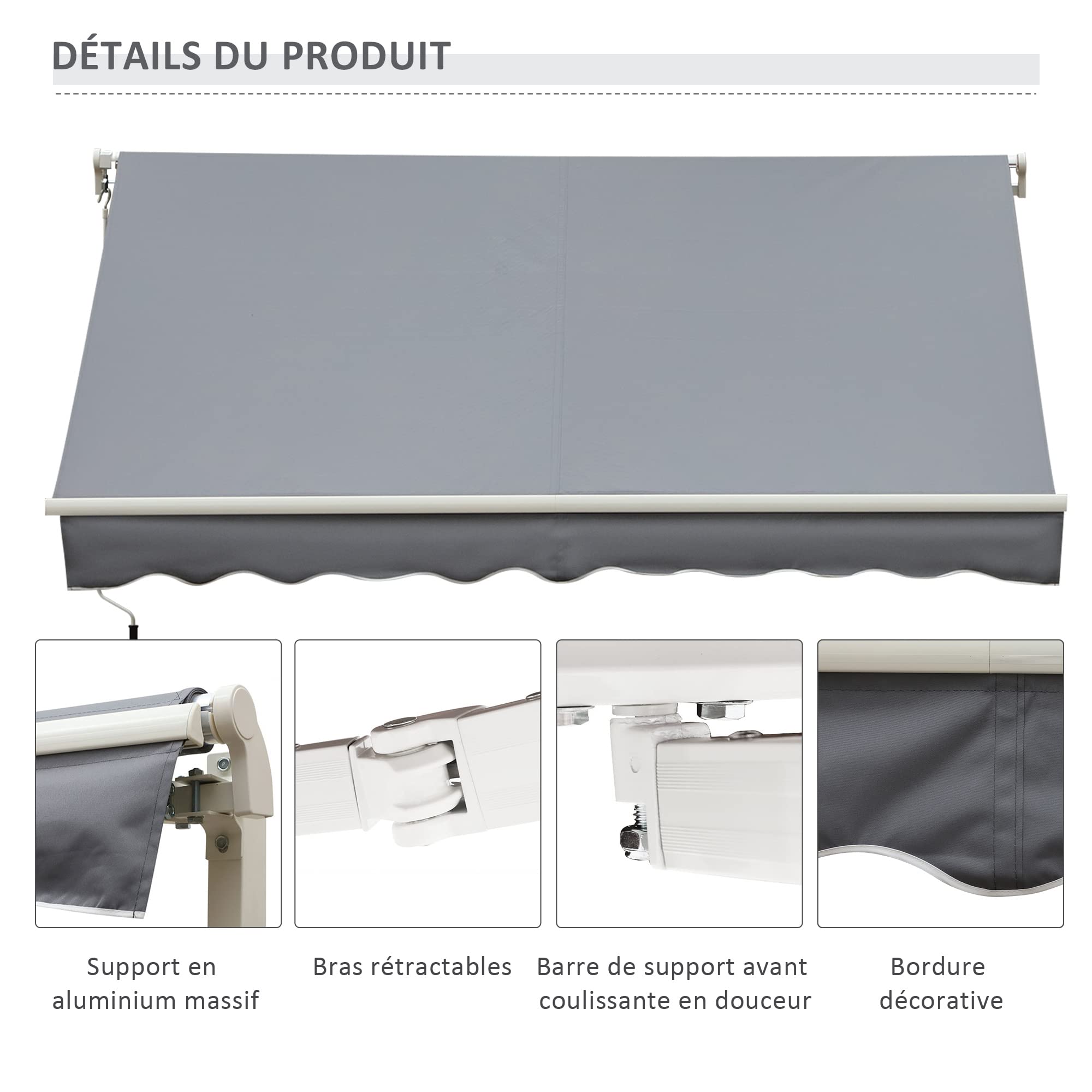 Outsunny Store banne Manuel rétractable 395 x 245 cm Store Exterieur terrasse avec manivelle, Angle réglable 45°-85°, Aluminium et Polyester 280 g/m², Protection UV, auvent de terrasse, Gris