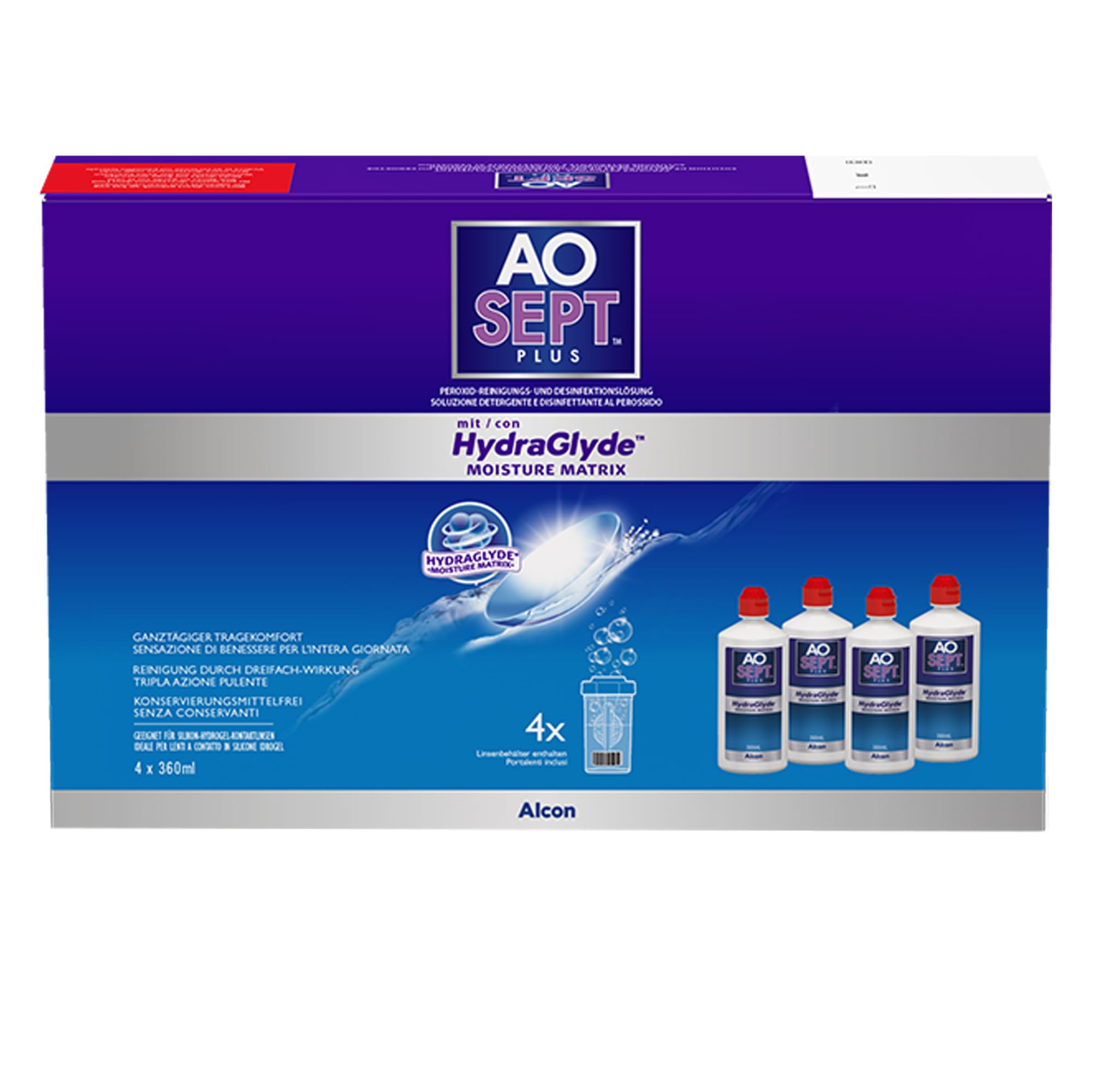 Aosept Plus mit Hydraglyde Kontaktlinsen-Pflegemittel | 4 x 360 ml | Sichere Desinfektion und makellose Reinheit. Frei von Konservierungsmitteln