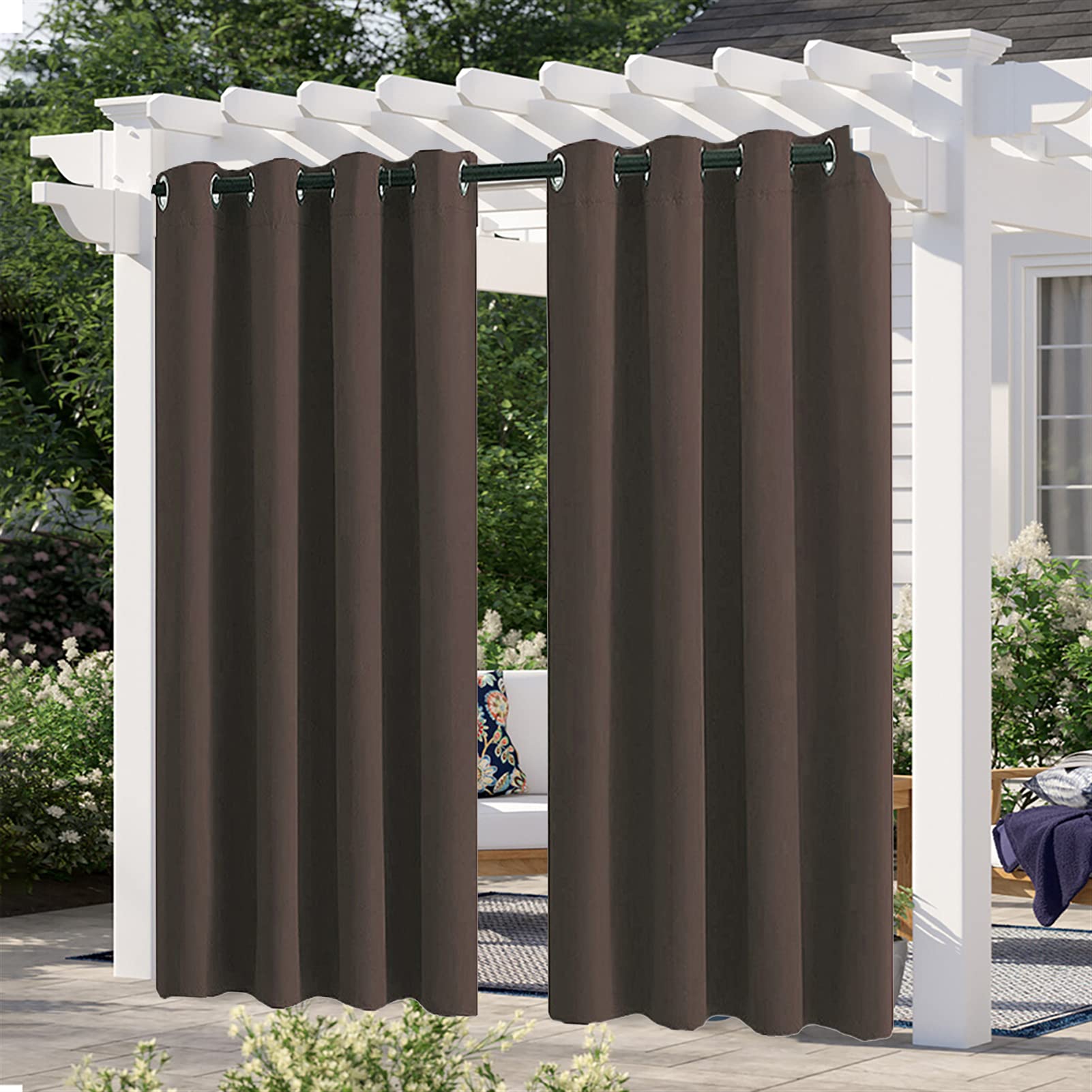 Set of 2 Panels Waterproof Outdoor Curtains Thermal Insulated Sun Blocking Blackout Grommet Curtains for Patio,Bedroom, Porch, Living Room, Pergola,Gazebo,Sliding Door 52 x 96 in Coffee-image-20