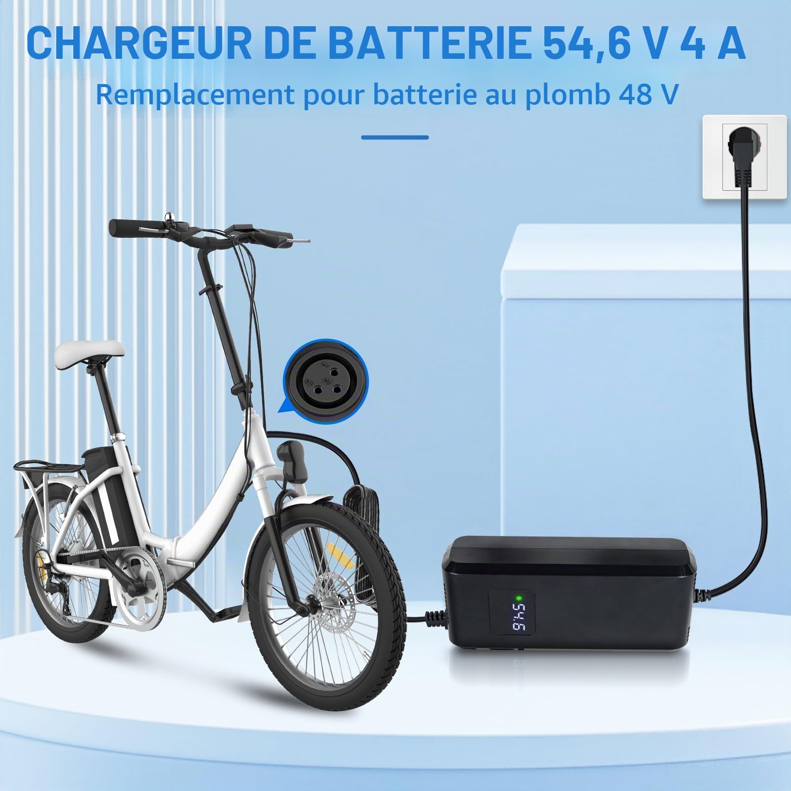 Chargeur de batterie au lithium 54,6 4 A - Pour vélo électrique - 48 V - 13 s - Prise XLR 3 broches - Adaptateur d'alimentation 48 V - Ventilateur intégré avec écran pour afficher la tension de charge