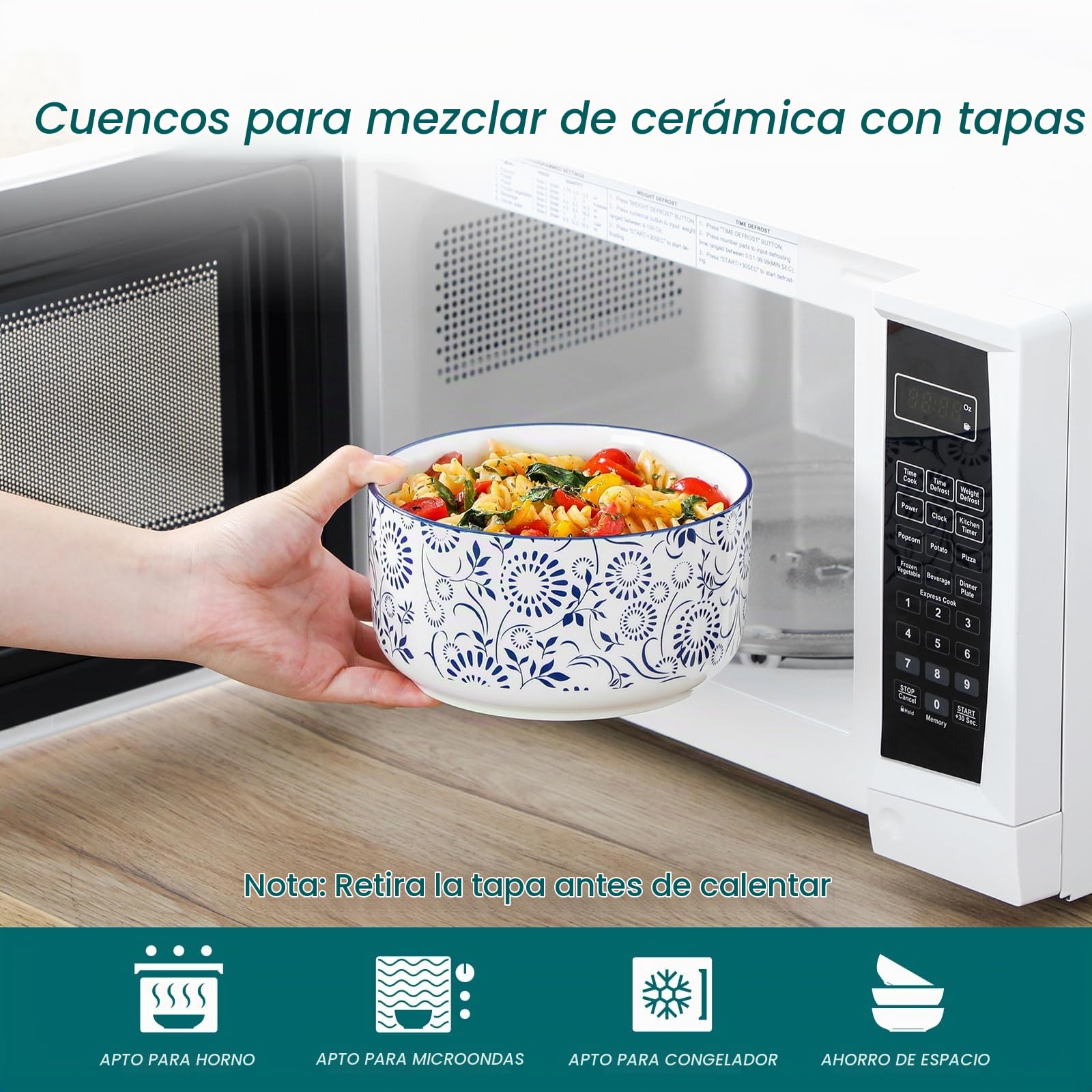vancasso SELENE - Juego de 4 Cuencos de Porcelana con Tapas Herméticas, 300ml/600ml/1080ml/1800ml, Recipientes Herméticos para Sopa, Ensalada, Ramen, Apto para Microondas y Congelador, Azul y Blanco