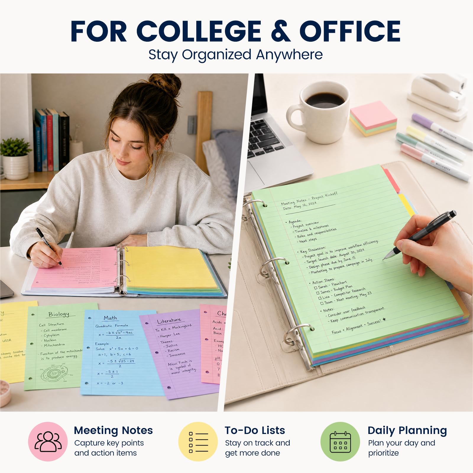 Koogel Papel de hojas sueltas, 500 hojas con rayas universitarias, blocs de recambio de papel de relleno de colores con 3 agujeros para cuaderno A4, carpetas de 3 anillas, escuela, oficina