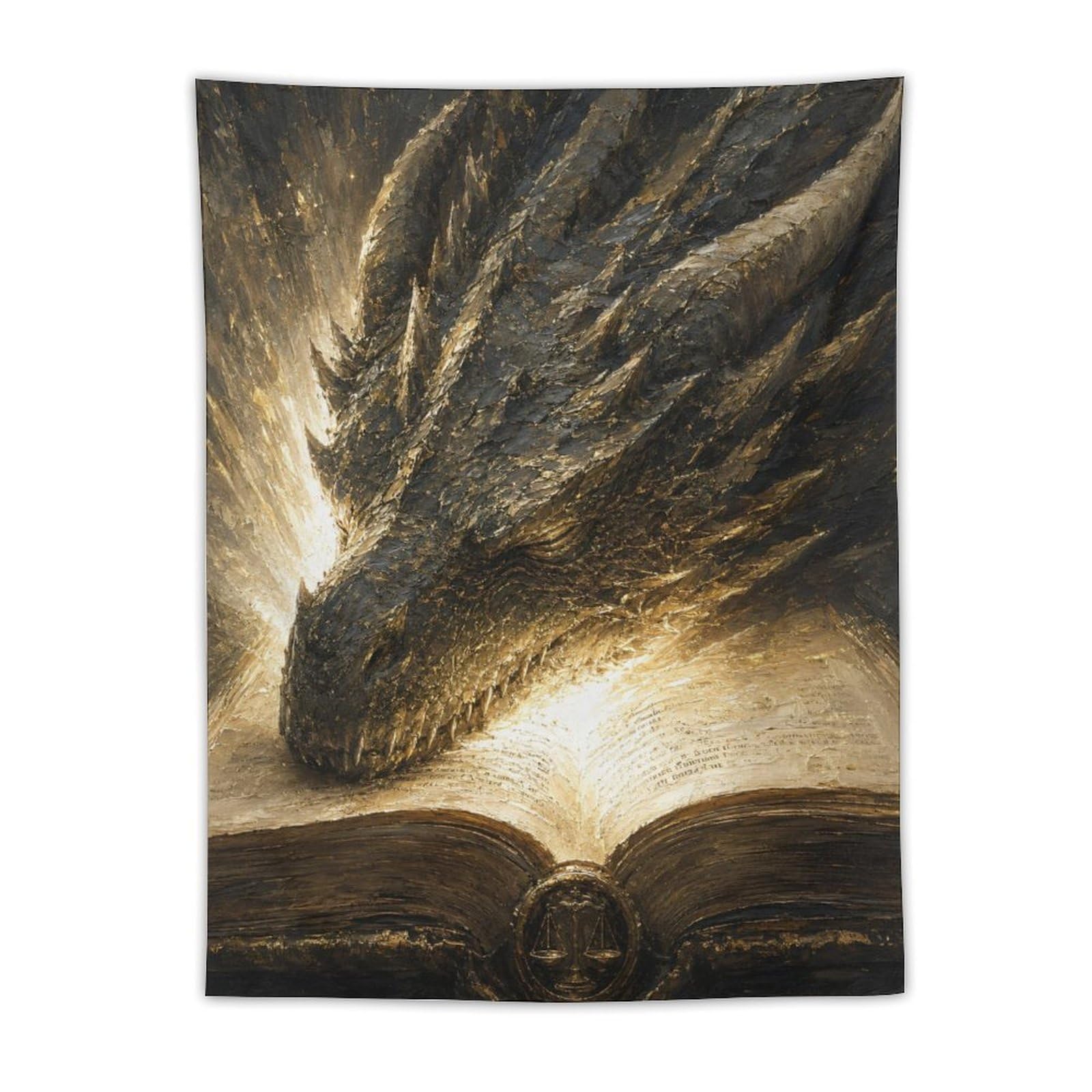 H3B8U2Y5 Dragon Head Over Book Wall Tapestry, Surrealist, Golden Light