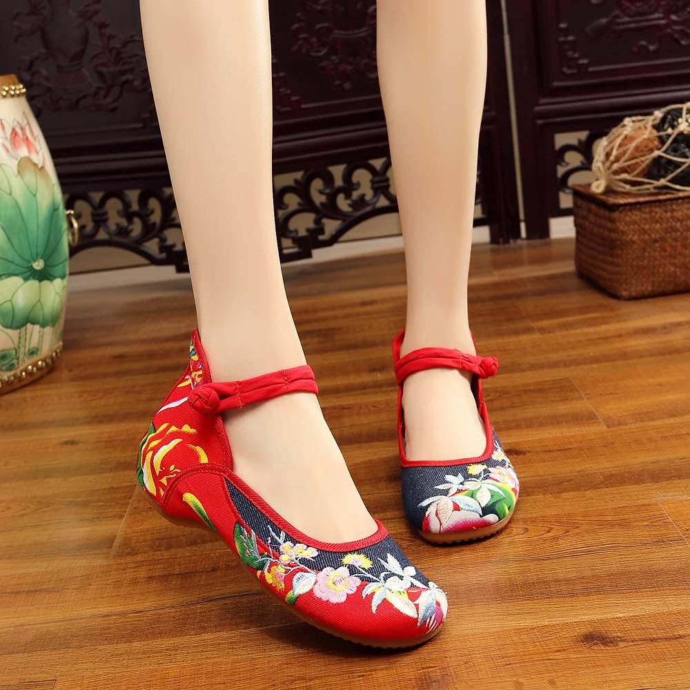 Chinese Women Flats Shoes Casual Chinese Embroidered Cloth Denim Canvas Drive Shoes Woman (Color : Red, Size : 10 Code) (Red 11 Code)