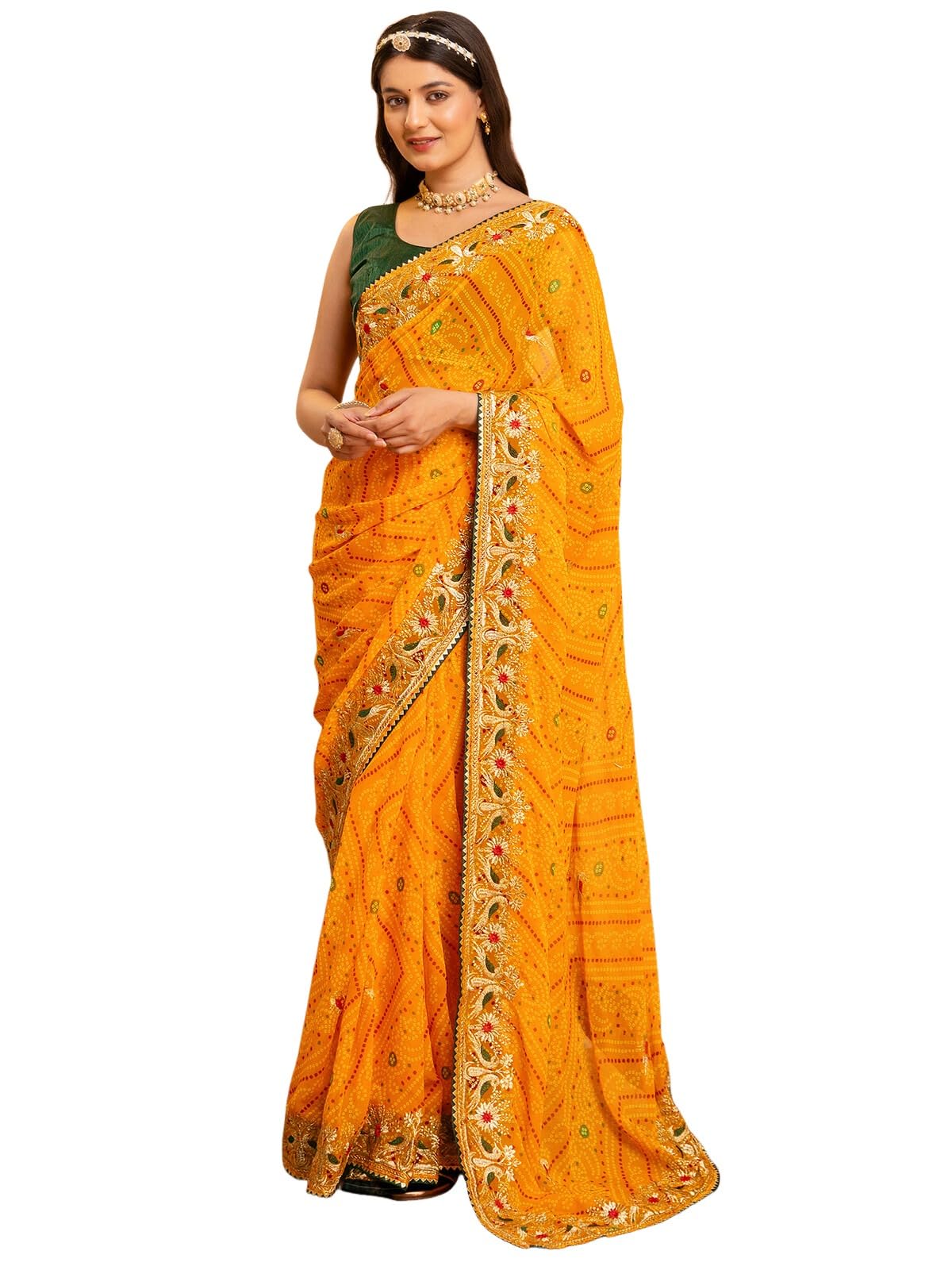 satrani Women's Bandhani Printed Embroidered Georgette Saree with Unstitched Blouse-picture-33