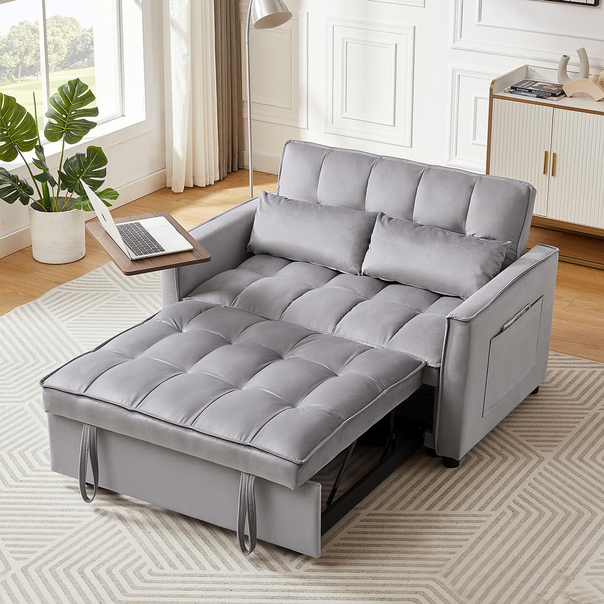3 in 1 Sleeper Sofa Couch Bed,Convertible Sofa Bed Pull-Out Bed, Love Seat with rotatable Side Table,Modern Velvet Fabric, Ideal for Living Room, Office, Small Space (Grey)