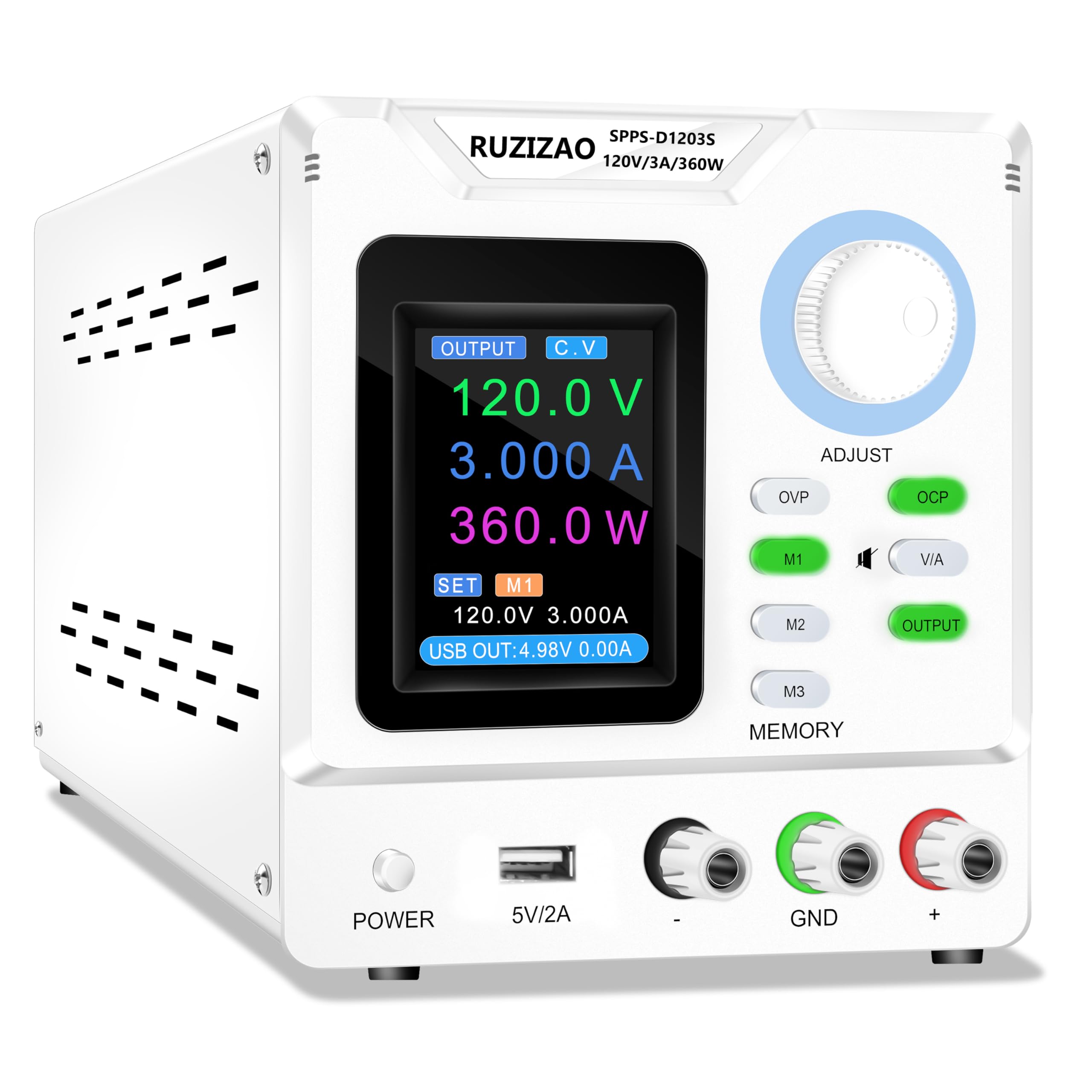 Labornetzteil 120V 3A 360W 4-stelliger TFT-Anzeige Encoder Einstellung Labornetzgerät Ausgangsschalter/Ladeerkennung Labor DC-Stromversorgungen mit OCP/OVP/Memory/Output-Taste