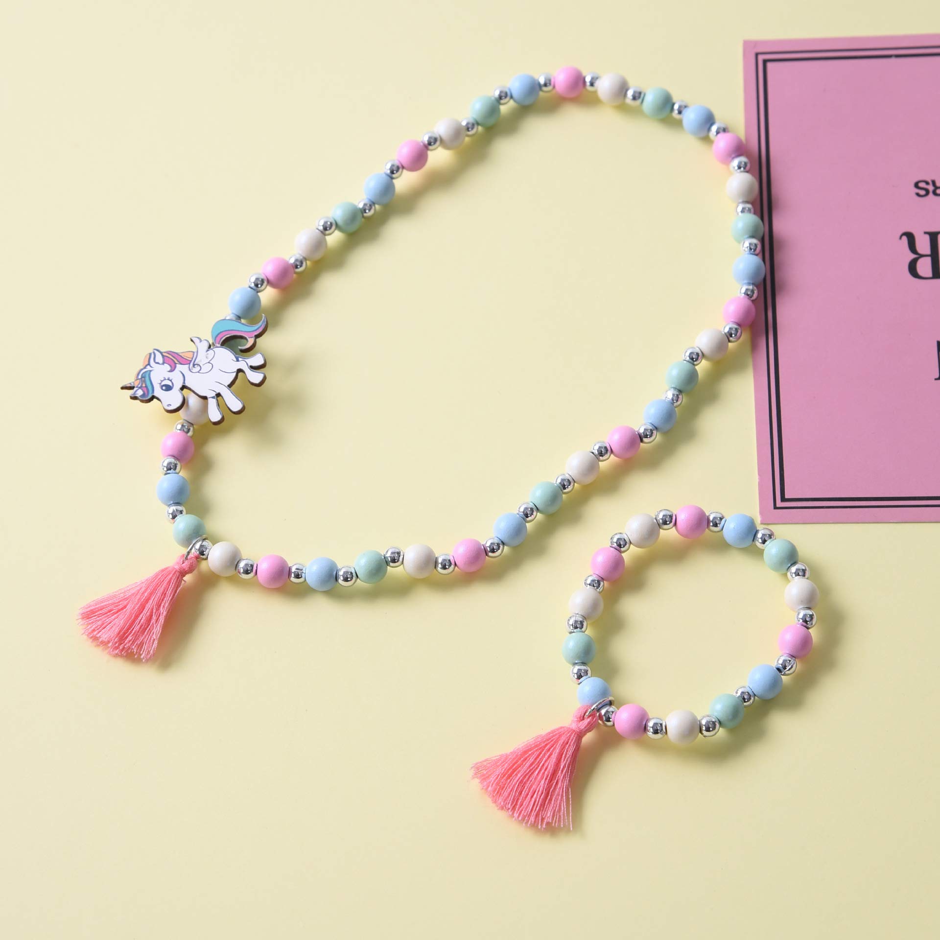 El Regalo Kids/Toddlers/Girls Wooden Beads Handmade Necklace & Bracelet Jewelry Sets (1 Necklace & 1 Bracelet) : Kids Princess Jewelry Set (Unicorn Teasel Jewelry Set)