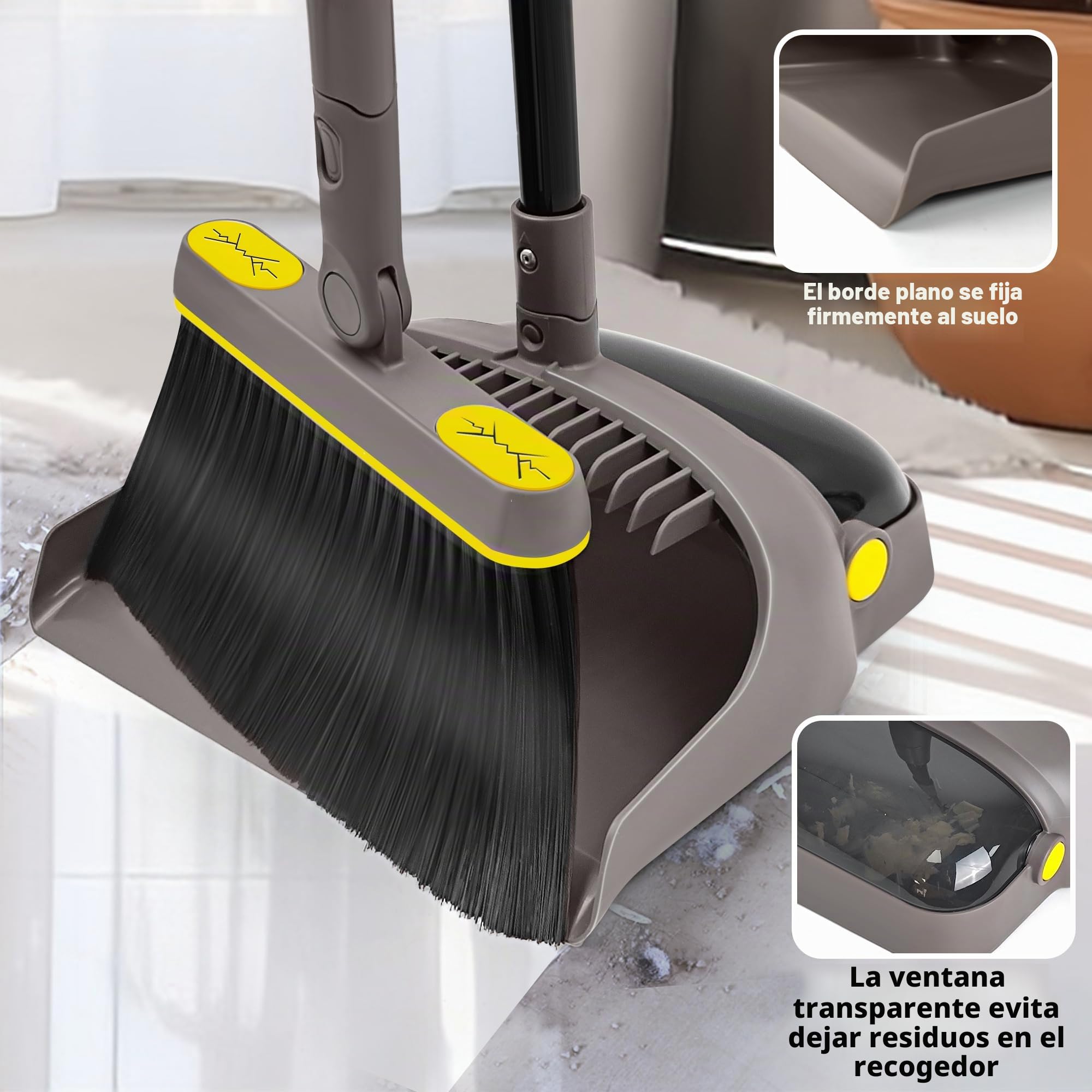 JEHONN Escoba y Recogedor Plegable 138CM, Giratoria 180 Grados, Eliminador de Polvo, Cocina Oficina (Marrón)