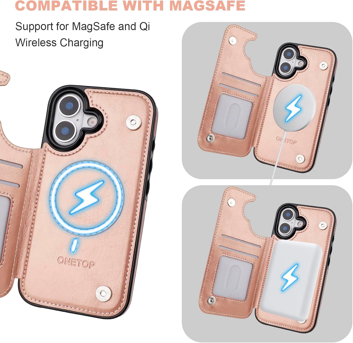 ONETOP Compatible with Magsafe for iPhone 17 Wallet Case with Card Holder, PU Leather Kickstand RFID Blocking Case, Double Magnetic Clasp and Durable Shockproof Cover 6.3 Inch (Rose Gold)