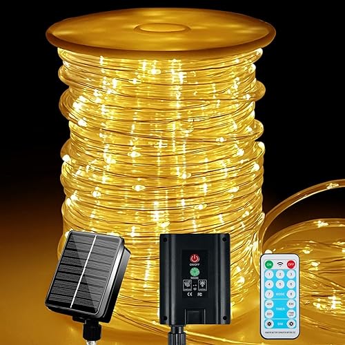 Cuerda de luces LED de 196 pies, 600 luces LED para exteriores, impermeable, con control remoto, 196.9 ft, funciona con energía solar, 8 modos, luz