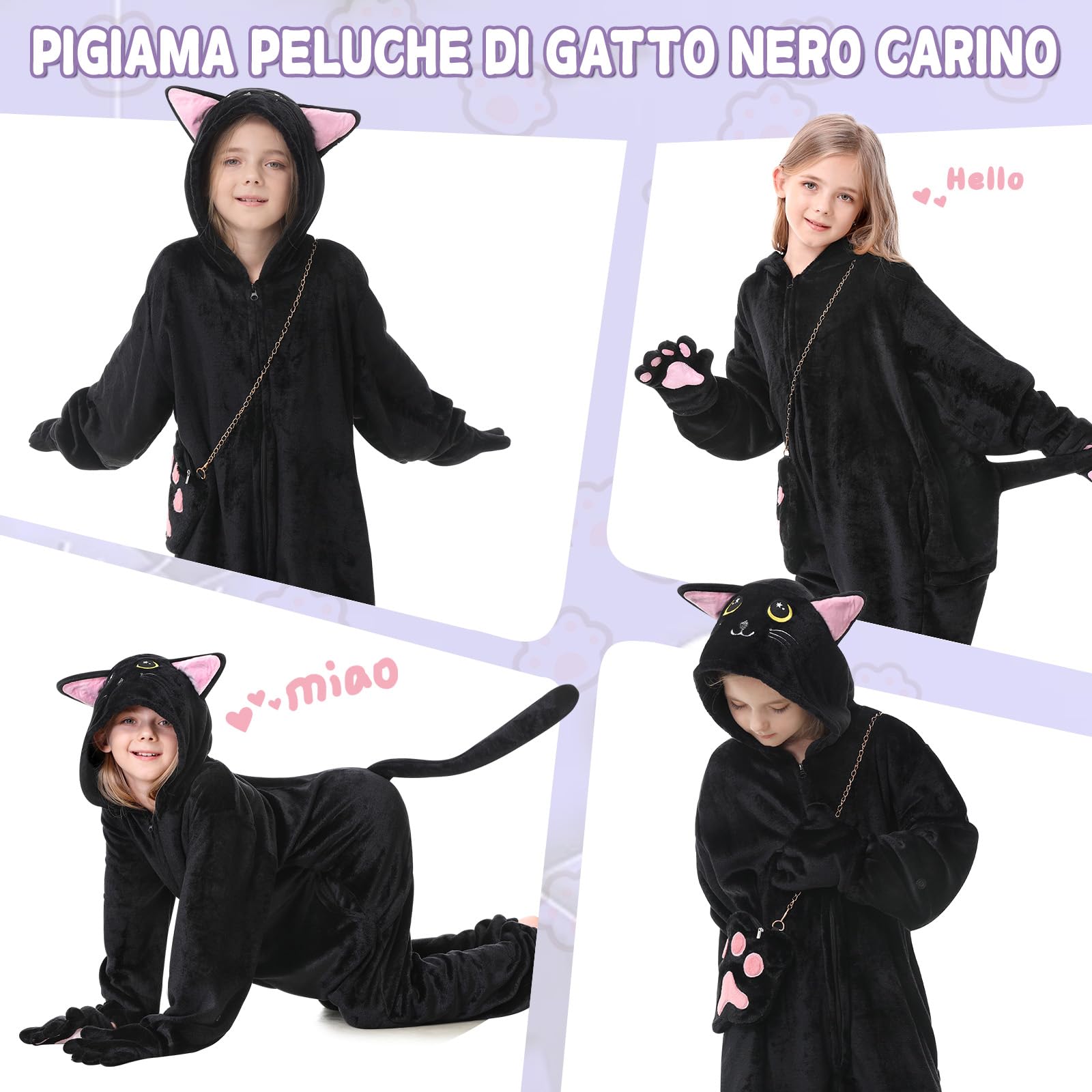 LumenVela Costume Gatto Bambina, Vestito Gatto Bambino con Borsa a Tracolla, Adesivi, Pigiama Intero Vestito Halloween Bambina Costume Carnevale Gatto per Halloween, Carnevale, Cosplay, Feste