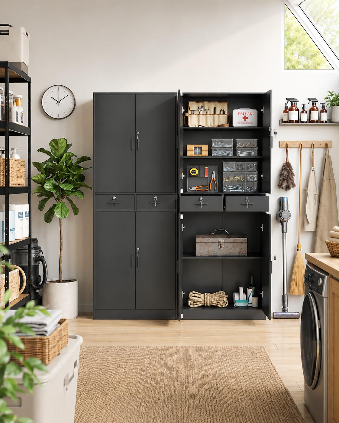 Armadio Alto 200 cm Schedario da Ufficio con Serratura Armadio Multiuso in Legno con 4 Ante 2 Cassetti e Ripiani Regolabili Armadio da Garage Nero 78 x 40 x 200 cm