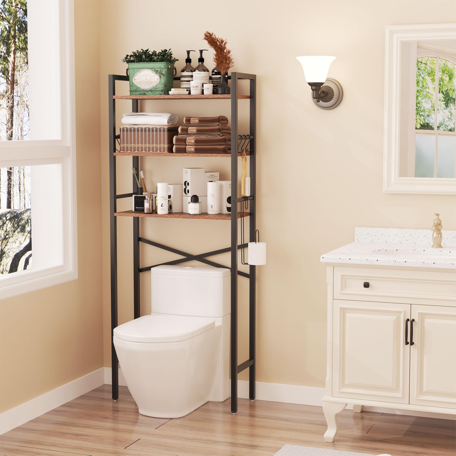 YMYNY Estantería de Inodoro, Estantería para Baño de 3 Niveles con Soporte para Papel Higiénico, Estante de baño, Estante de Almacenamiento, Ahorro de Espacio, 64×24×165CM Marrón Rústico HBR005H