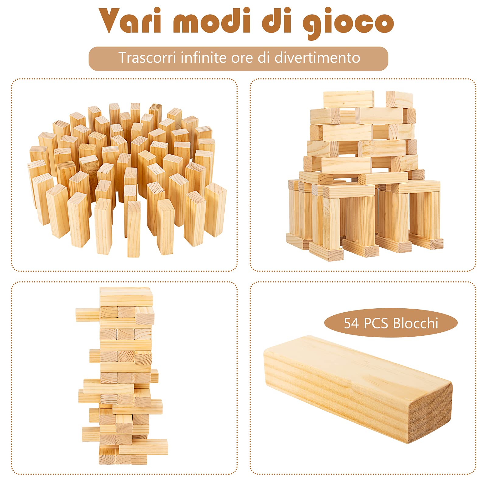 COSTWAY 54 Blocchi di Legno di Pino con Angoli Curvi, Mattoncini Giocattoli, Torre di Legno Gigante con Borsa di Trasporto, Ideale per Feste e Party