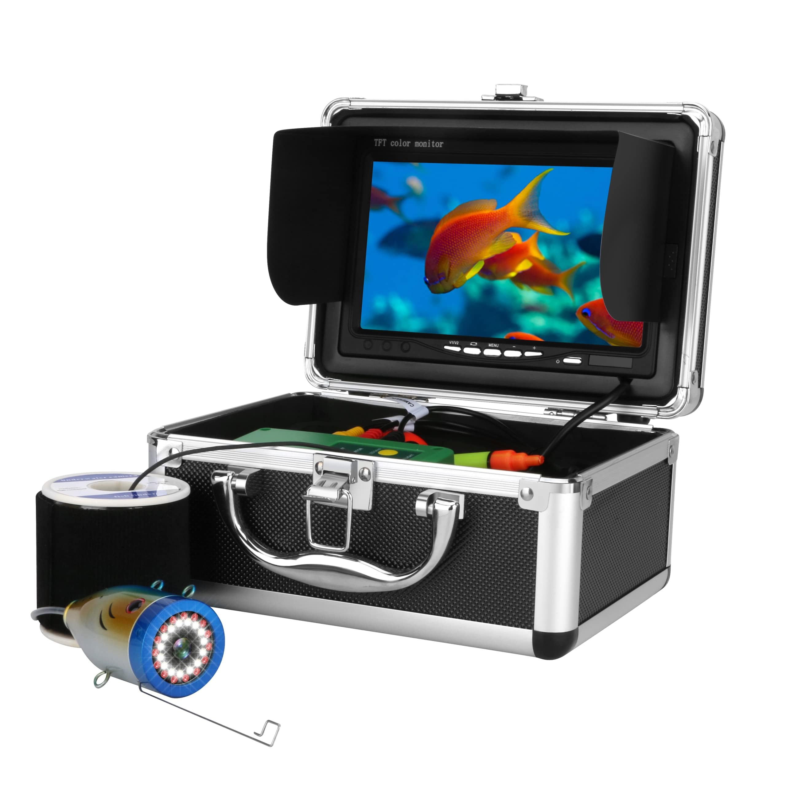 Cámara de Pesca Submarina con Buscador de Peces de 7 Pulgadas Cámara de Pesca HD 1000TVL Impermeable 15M Sonda de Pesca para Pesca en el mar, Pesca en Hielo, Pesca en Barco