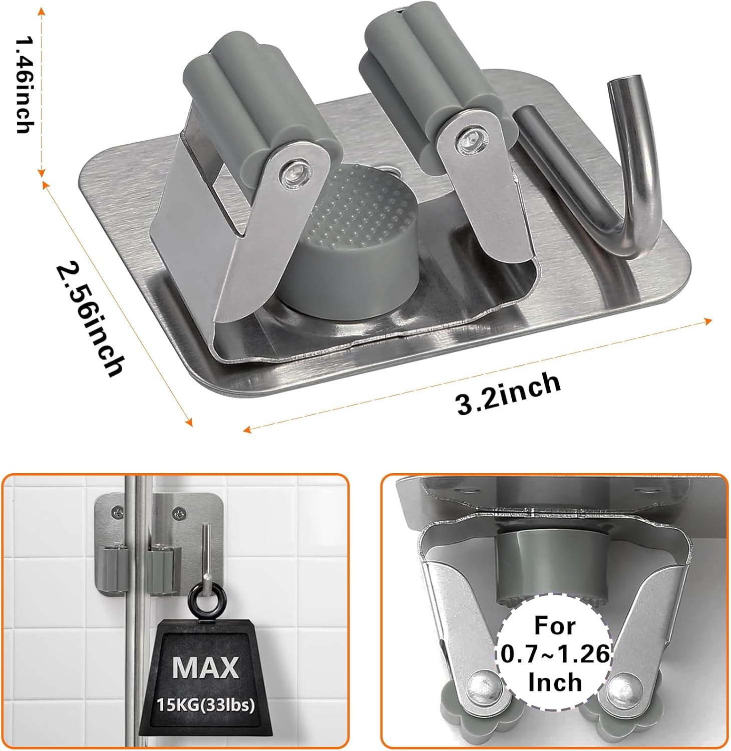 Mop Broom Holder-Self Adhesive Stainless Steel Broom Hanger Organizer for Bathroom, Kitchen, Office，Utility Room，Laundry Room,Home Garden, Garage Storage and Organization Rack(Silver gray-4Psc)
