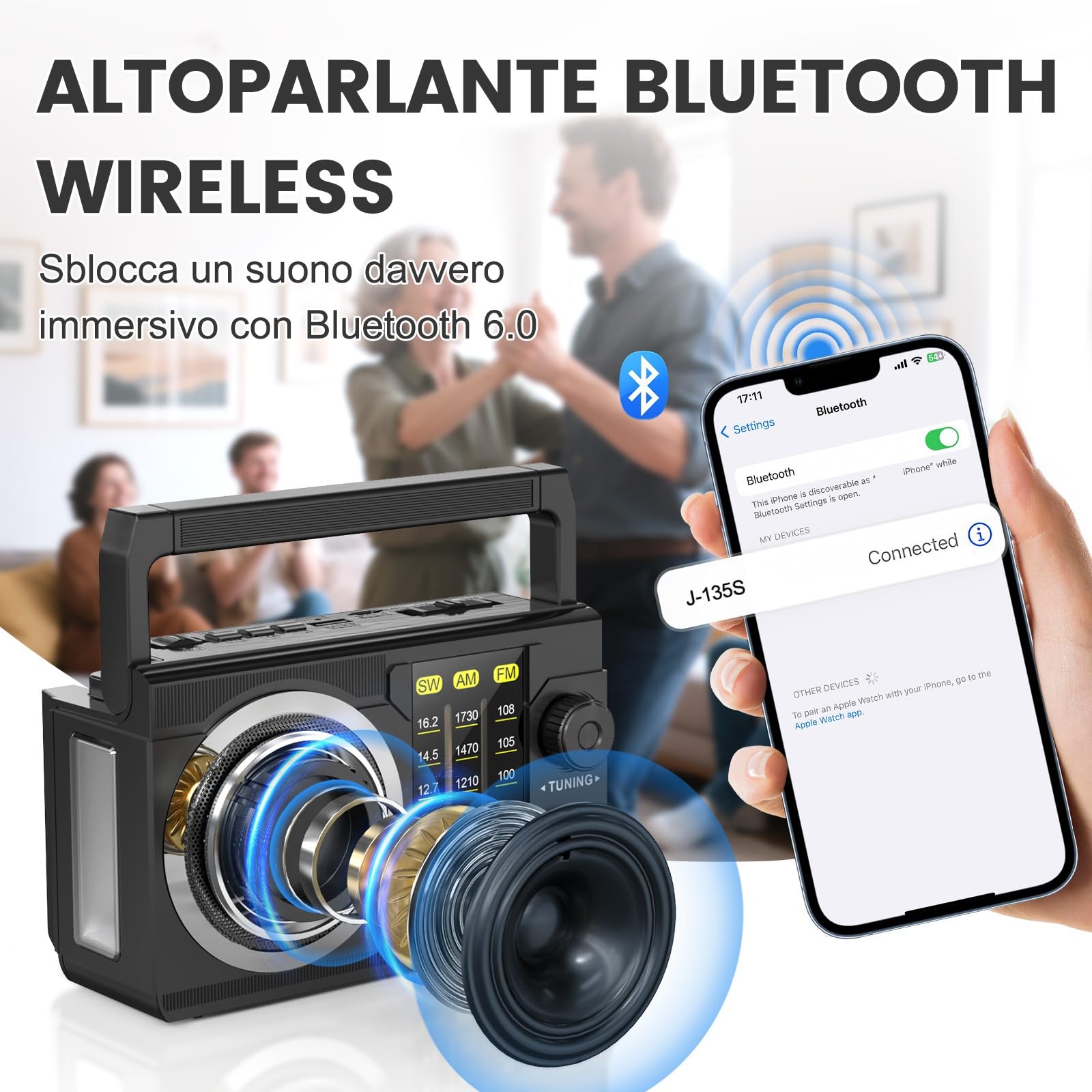 PRUNUS J-135S Radio Portatile AM/FM/SW, Mini Radio Solare Bluetooth 6.0, Radiolina a Pile (AA) e Batteria Ricaricabile 1800 mAh con Torcia, Supporta TF/USB, per Casa, Campeggio e Emergenza.