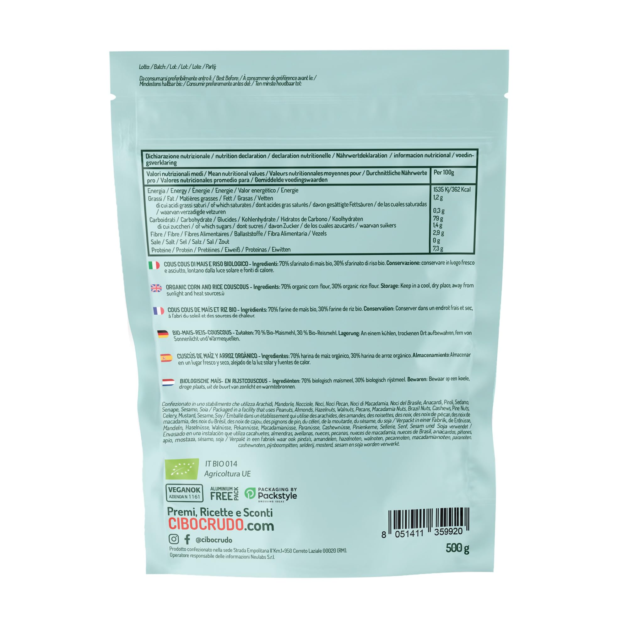 Cous Cous de Maíz y Arroz Ecológico y Crudo - 500g. 70% Maíz y 30% Arroz. Cuscus Naturalmente Sin Gluten. Rica en Carbohidratos y Fuente de Fibra. Versátil para Recetas Dulces o Saladas.