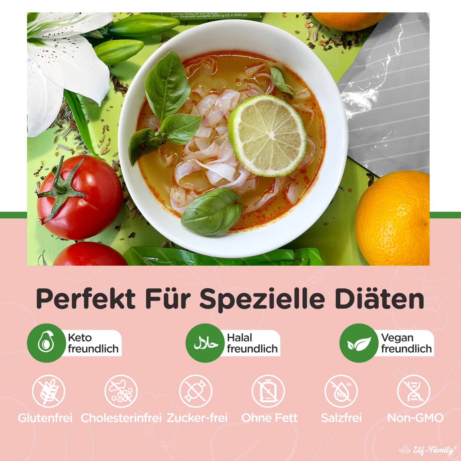 Elf-Family 3+3 Mixto Premium Shirataki Noodles Slim 9kcal Bajo en Carbohidratos, Konjac, Keto, Vegano, Sin Gluten, Sin Azúcar - Spaghetti/Fideos de Cristal/Udon