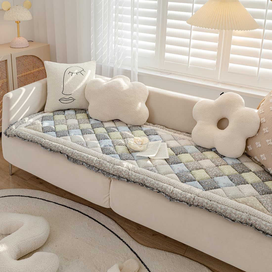 vctops Cotton Quilted Thick Dog Couch Cover for Sofa Boho Handmade Patchwork Sofa Cover Floral Print Floor Mat Area Rugs Non Slip Soft Sofa Slipcover (Grey,24"x70")