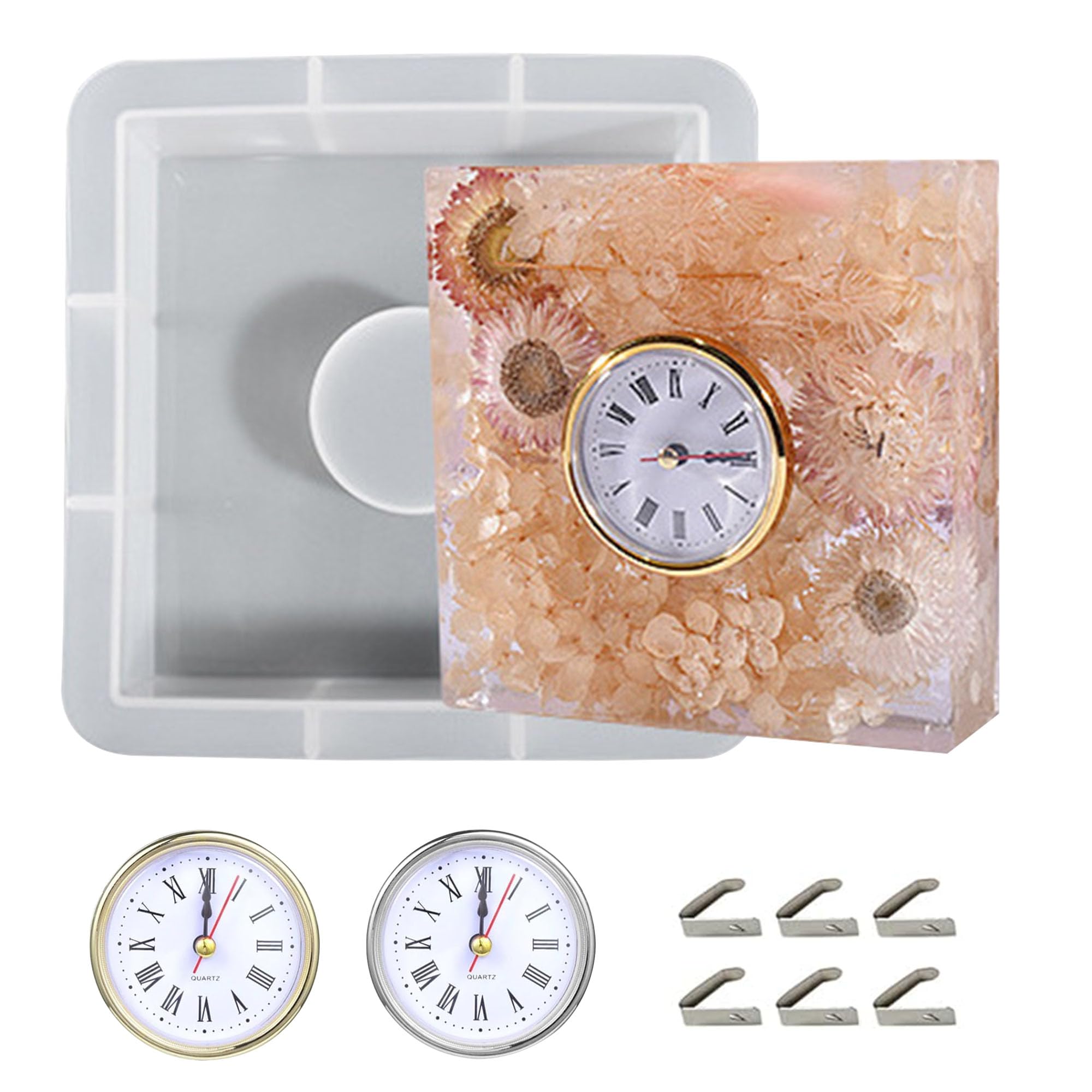 Allazone Clock Resin Molds, Square Clock Casting Molds, Table Clock Resin Molds with 2 Clock Movement Accessories for DIY Craft Home Decor