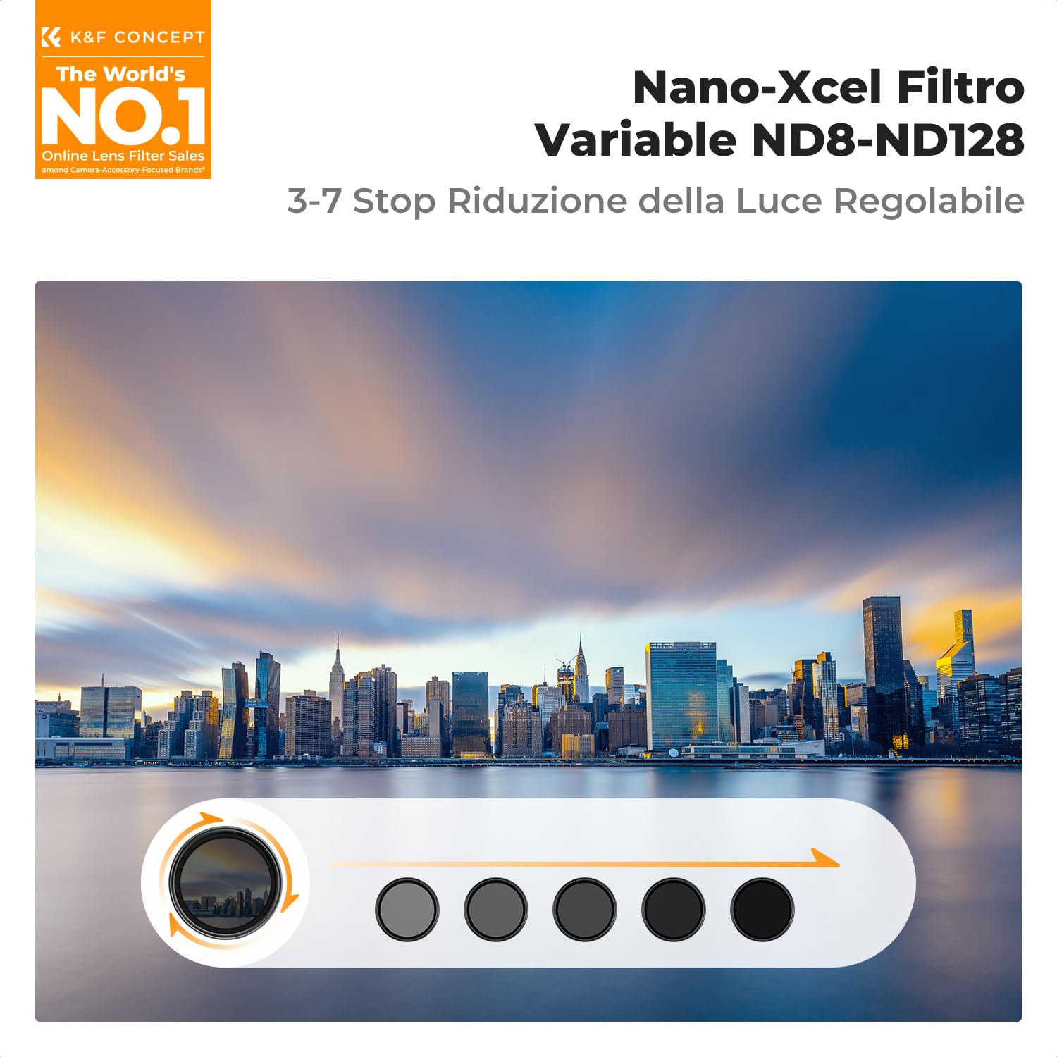 K&F CONCEPT Nano-Xcel 82mm Filtro Variabile ND8-128, Filtro Densità Neutra ND8-128 (3-7 stop) in Vetro Ottico con Rivestimento Nano a 28 Strati