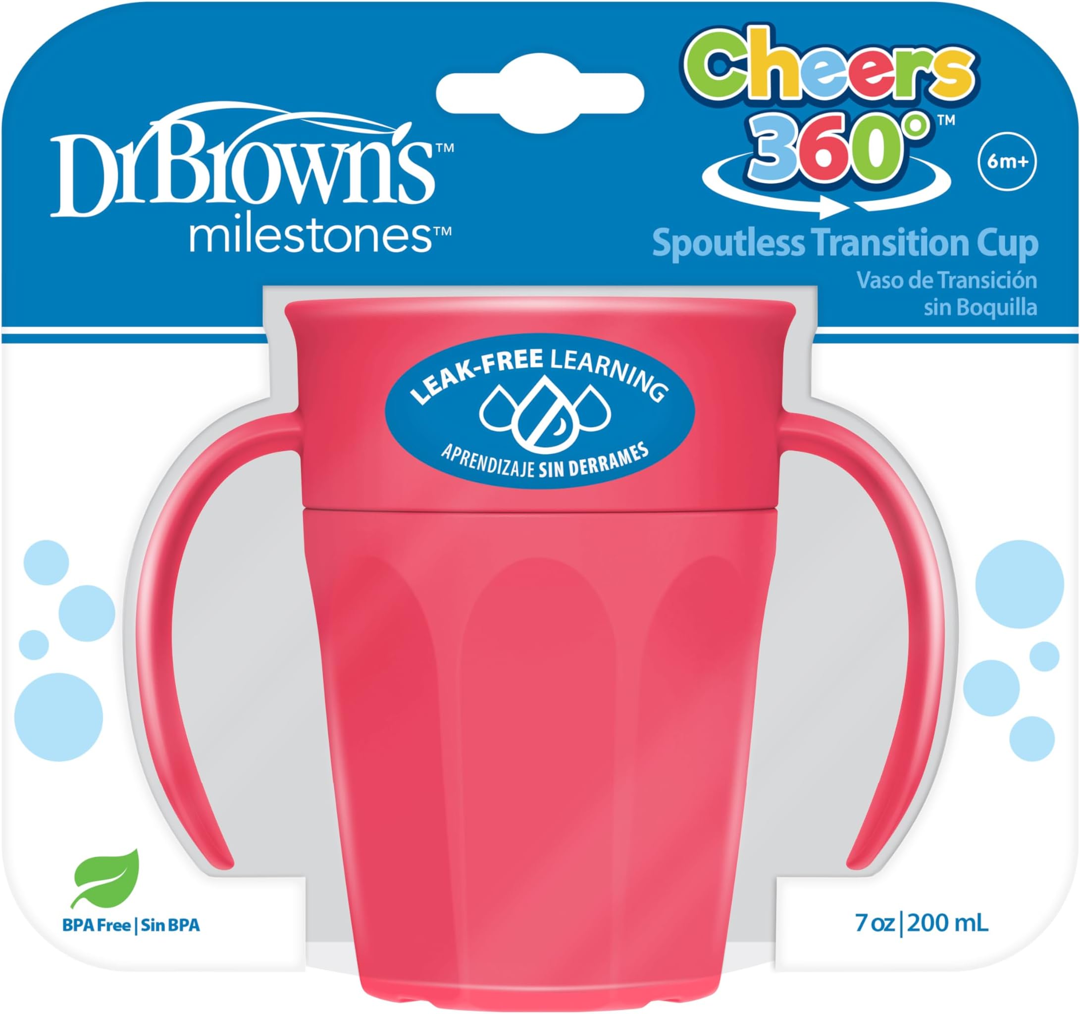 Dr Brown's Natural Flow Dr. Cheers 360 Spoutless Training Cup, 6m+, 7 Ounce, Pink