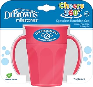 Dr. Brown's Milestones Cheers 360 Spoutless Transition Cup with Handles, Travel Friendly and Leak Free Sippy for Babies and Toddlers, Pink, BPA-Free, 7 oz/200 mL, 6m+