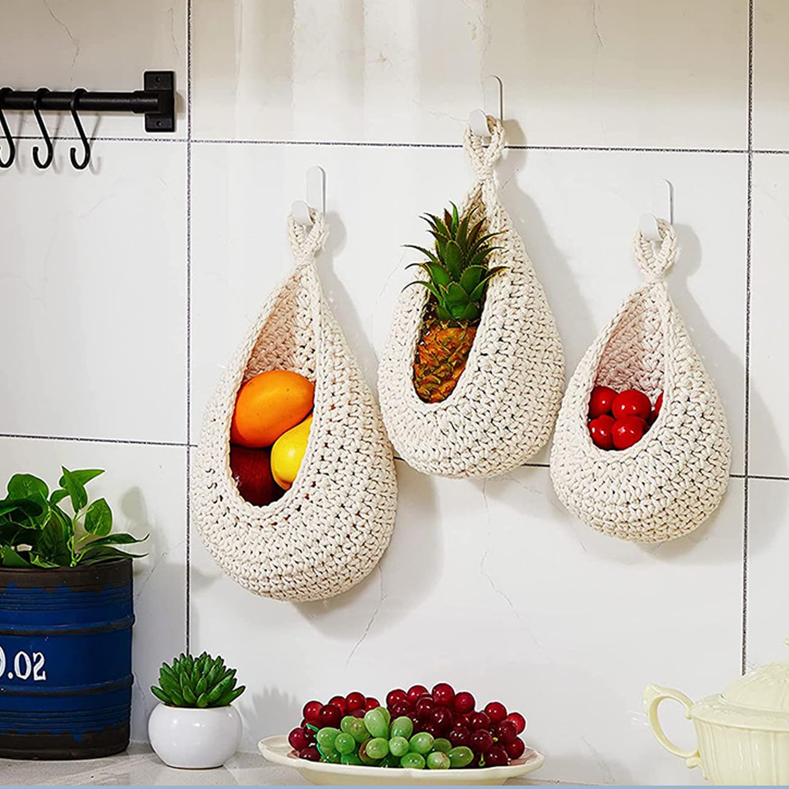Set 3 Cestini Appesi A Goccia Intrecciati A Mano – Portafrutta E Verdura In Corda – Stile Bohémien Per Cucina E Salotto – Salva-spazio - 2