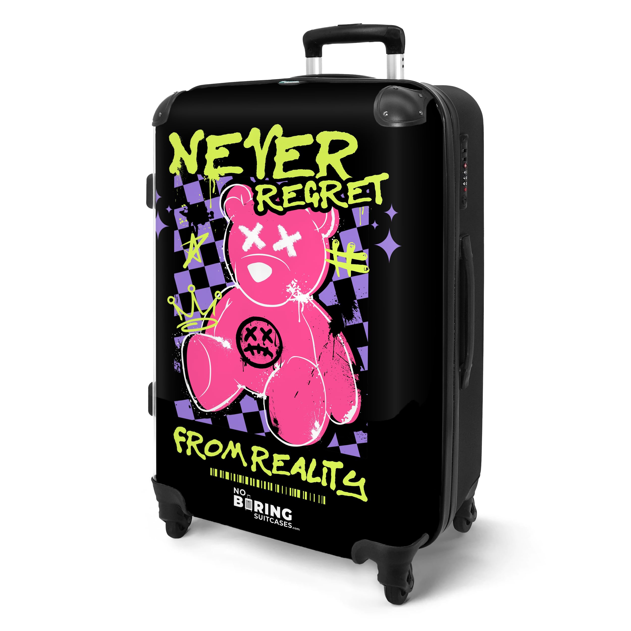NoBoringSuitcases.com Valigia, Valigia Grande, Trolley Medio, Serratura TSA, Valigia Media, Valigia 20 kg, Valigia Grande 23 kg (67cm - 72L), (Never Regret e Orsetto di peluche rosa - Nero)