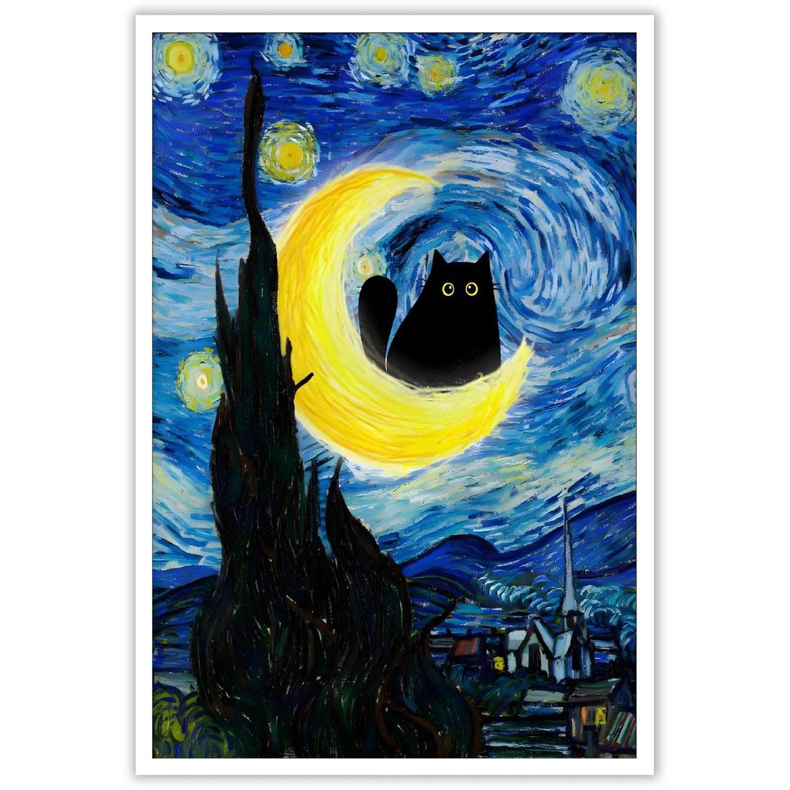 Tyohu Boys Blue 01 Unframed Funny Starry Night Cat Canvas Wall Art Famous Oil Paintings Black Cat Poster Lovely Cat Floral Prints Painting Colorful Abstract Farmhouse Gallery Aesthetic Room Wall Decor 12X16in Unframed