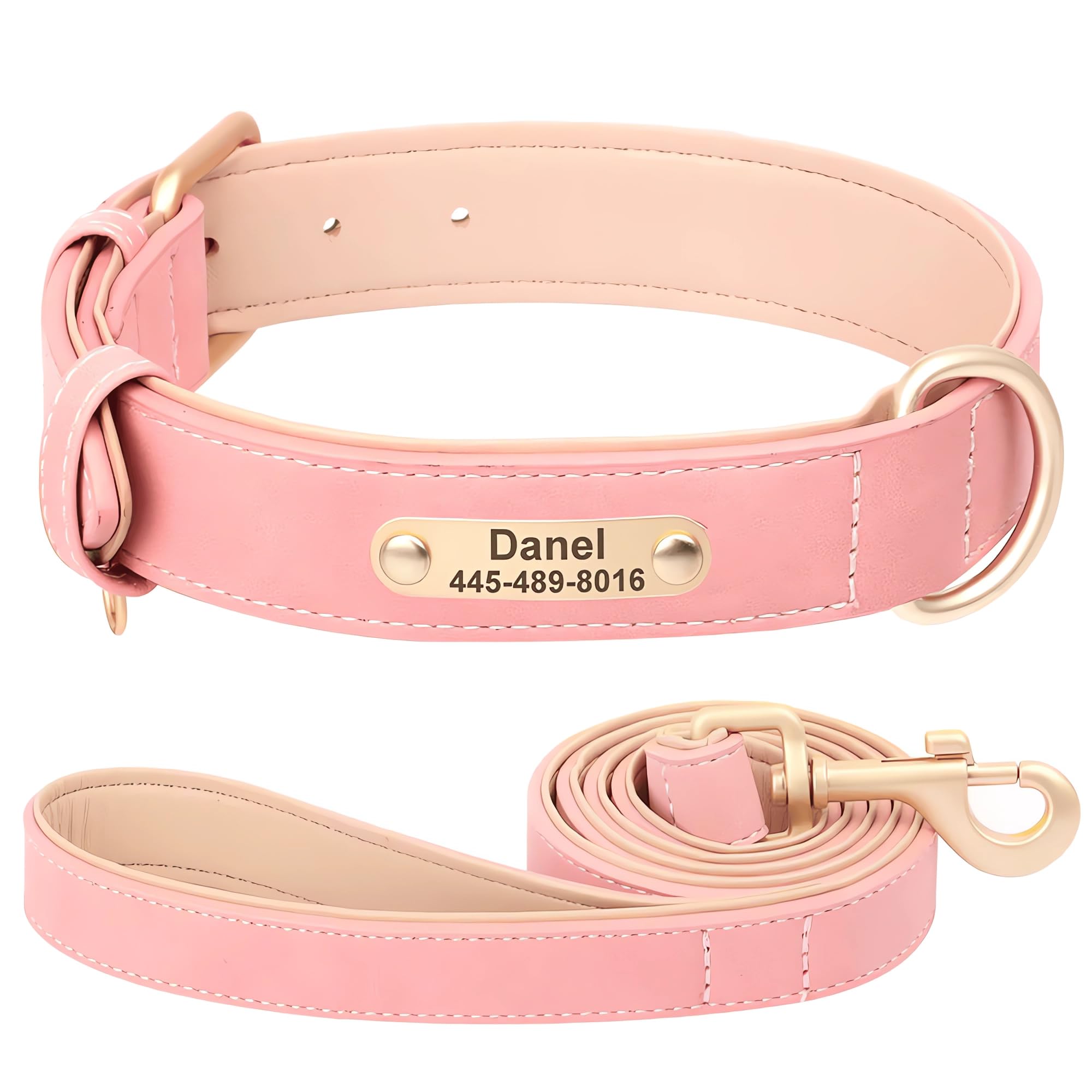 SEOUGEE Personalised Leather Dog Collar and Leash Set, Soft Padded Leather Dog Collars Heavy Duty with Custom Engraved Name Plate Adjustable for Small Medium Large Dogs (S, Baby Pink Set 23-32cm) — image 1