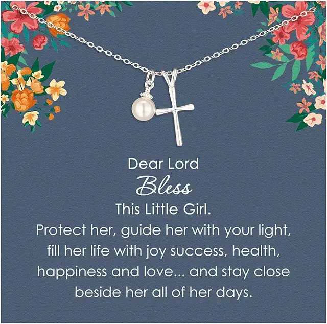 Sterling Silver Cross Necklace with Pearl for Girls - Religious Jewelry Gift