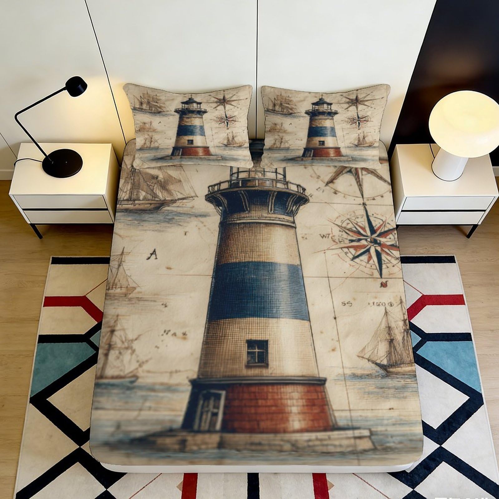 3D Printed Lighthouse Nautical Fitted Sheet Microfiber Deep Pocket Non-Slip Bedroom Bedding Lighthouse Mattress Fitted Cover Washable for Adults 200x200x25cm