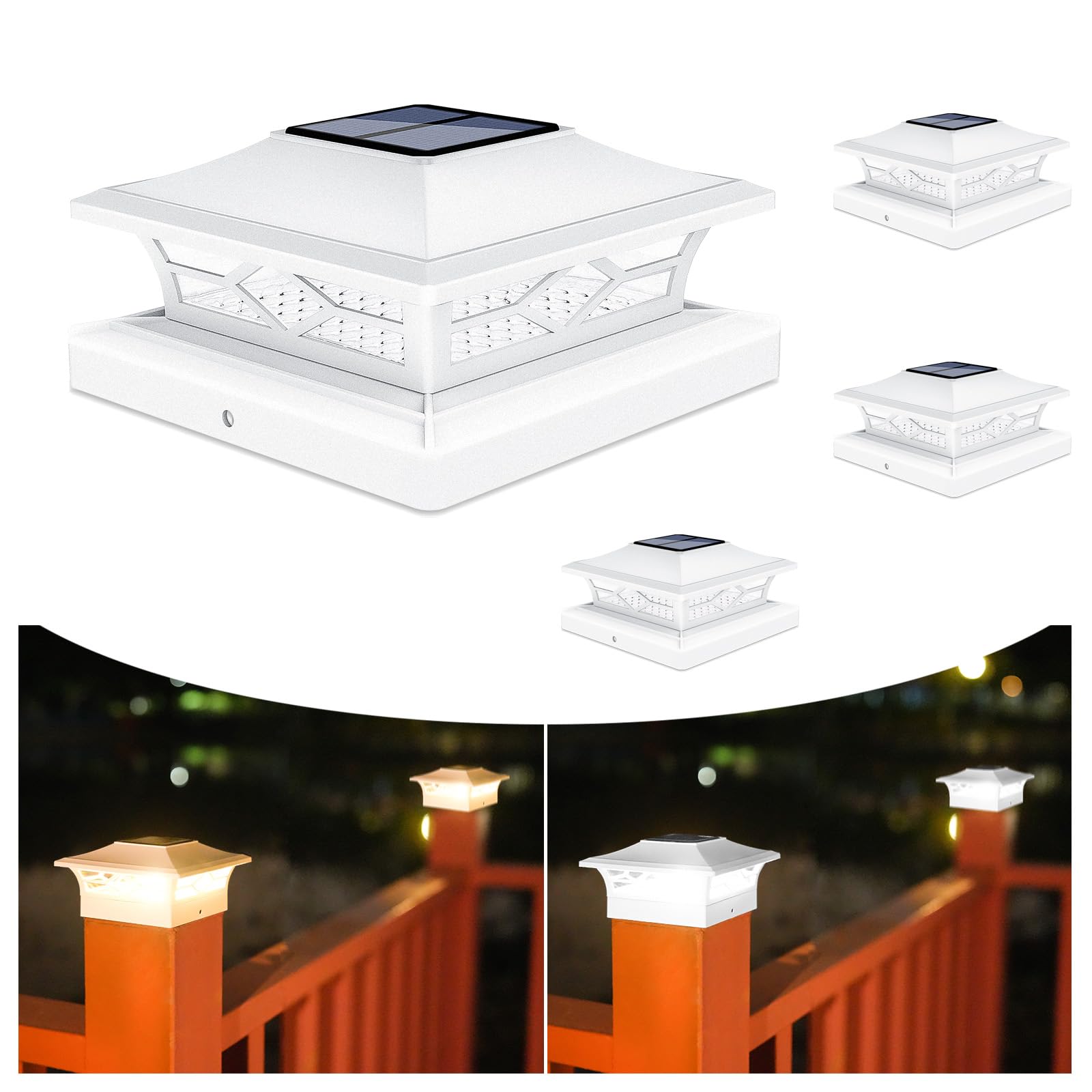 VOLISUN Solar Post Cap Lights,4Pack Outdoor Fence Post Cap Lights,Vinyl Fence Post Solar Lights White/Black Solar Powered Deck Post Lights for Dock Waterproof 2 Color Modes,4x4/6x6 Wooden/Vinyl Posts