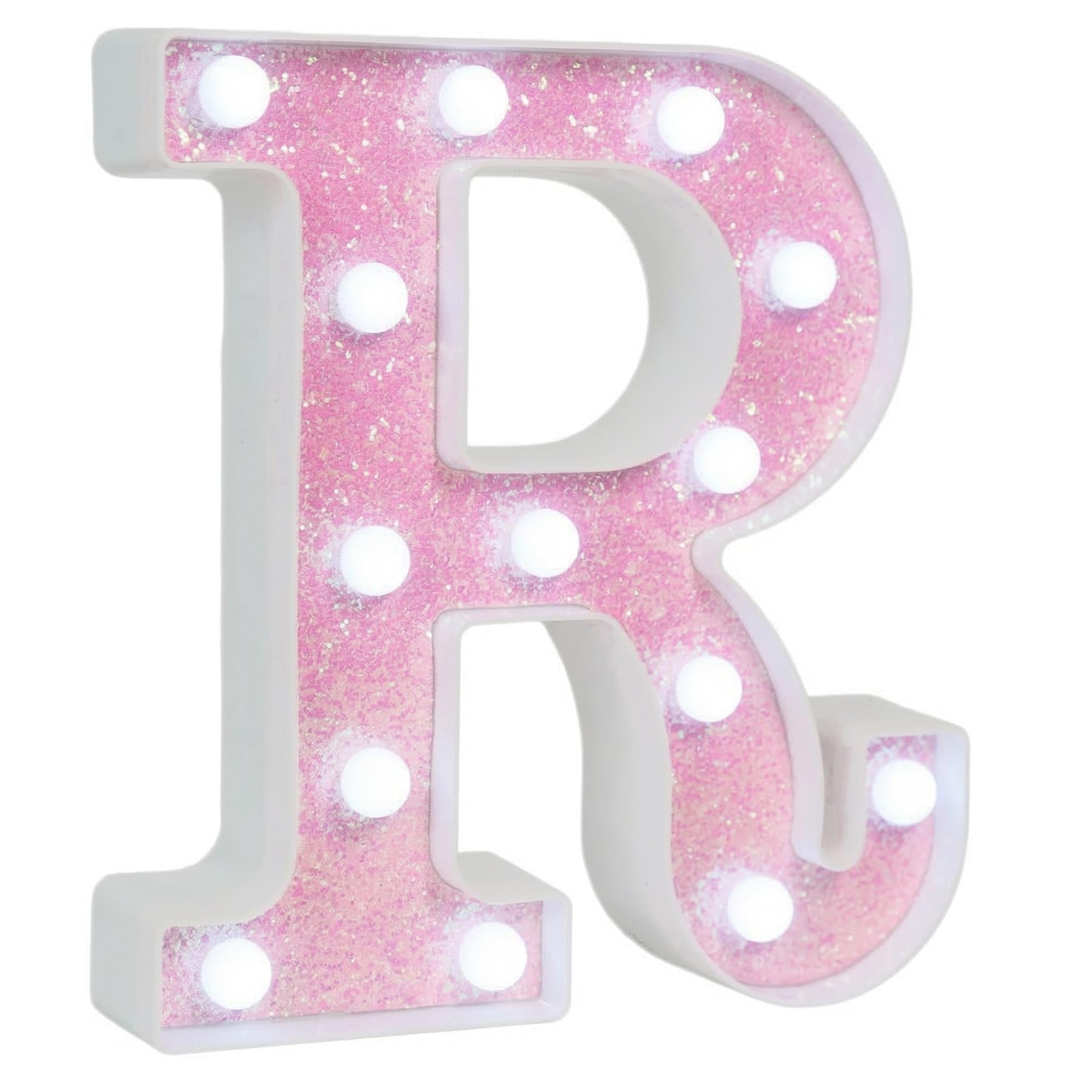 EUFONY Pink Glitter Marquee Light Up Letters, Battery Operated LED Letter Lights Signs for Pink Birthday Party Table Decorations, Wall Decor for Girls Bedroom, Initial Letter R with Cool White Lights — image 1