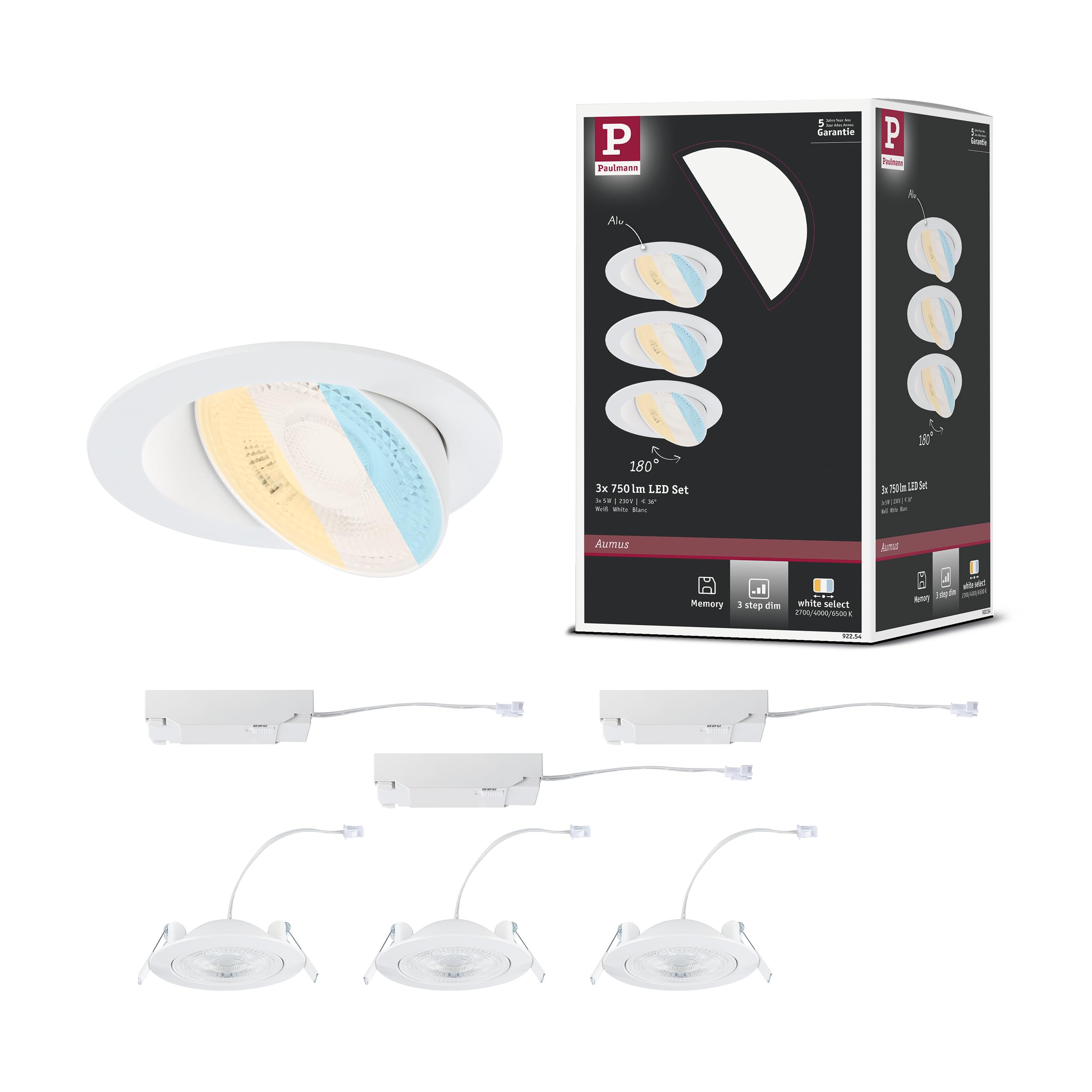 Paulmann EBL Set Aumus schwenkbar LED 3x750lm 2700-6500K 5W 230V Weiss matt
