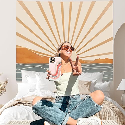 Miniatura 2 de Tapiz bohemio para colgar en la pared para dormitorio, estético, bohemio, amanecer, mar, tapices vintage para sala de estar, tapiz retro hippie arco