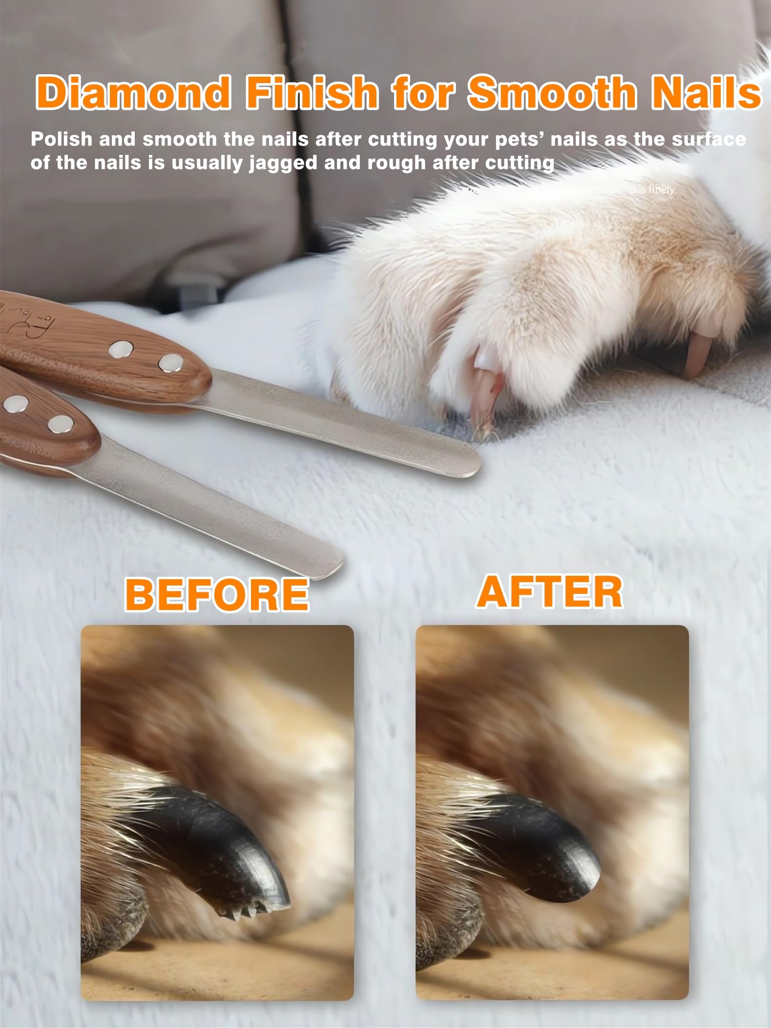 Dog Nail File - Diamond Coated Metal Nail File for Dogs and Cats, Ergonomic Walnut Handle, Smooth and Shape All Toenail Types, Remove Burs for Indoor & Outdoor Pets - image 3