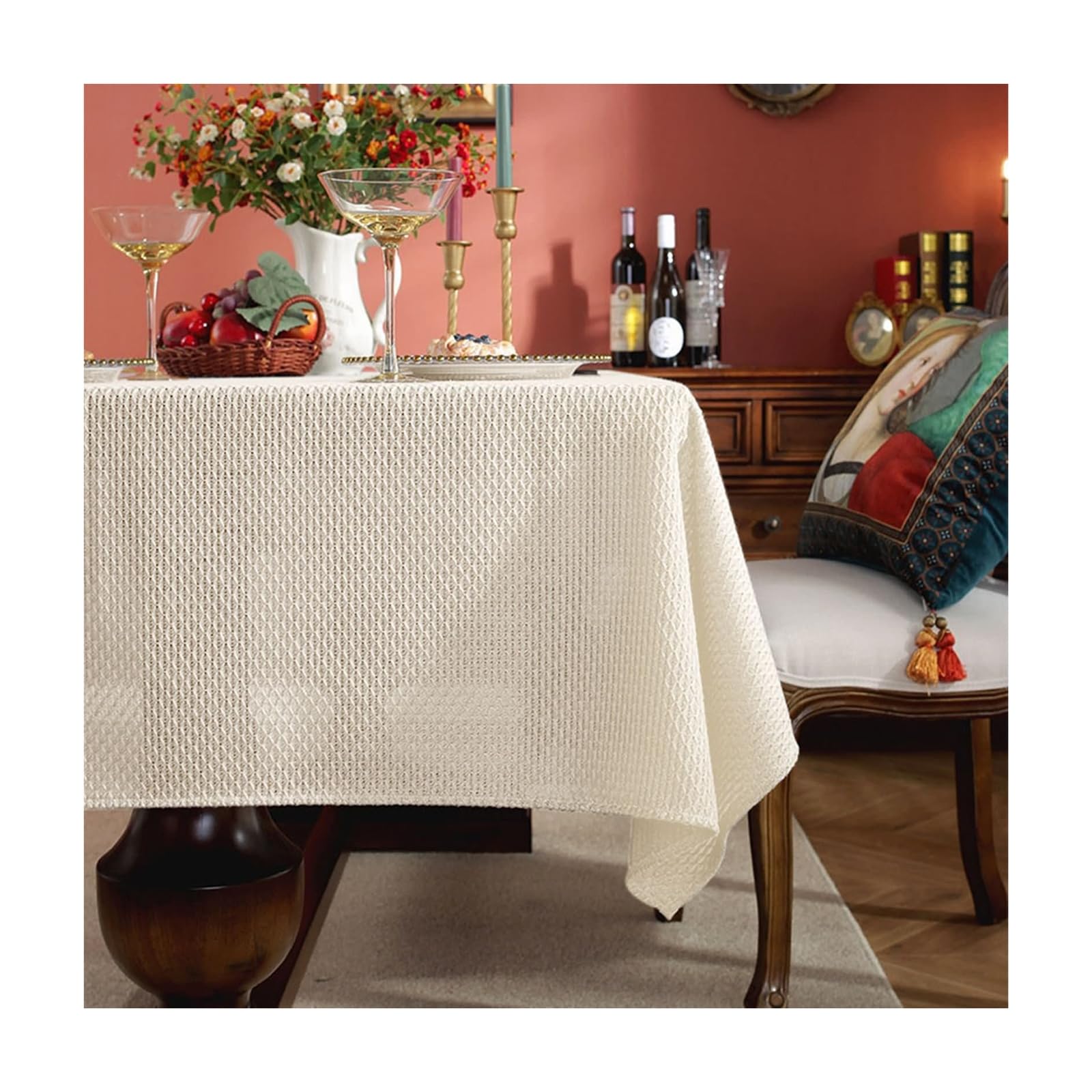 Daesar Mantel de Mesa Rectangular Moderno,Mantel Algodón Lino Antimanchas Color Sólido Mantel Mesa Comedor Beige Blanco,135x240CM(94x53Inch)
