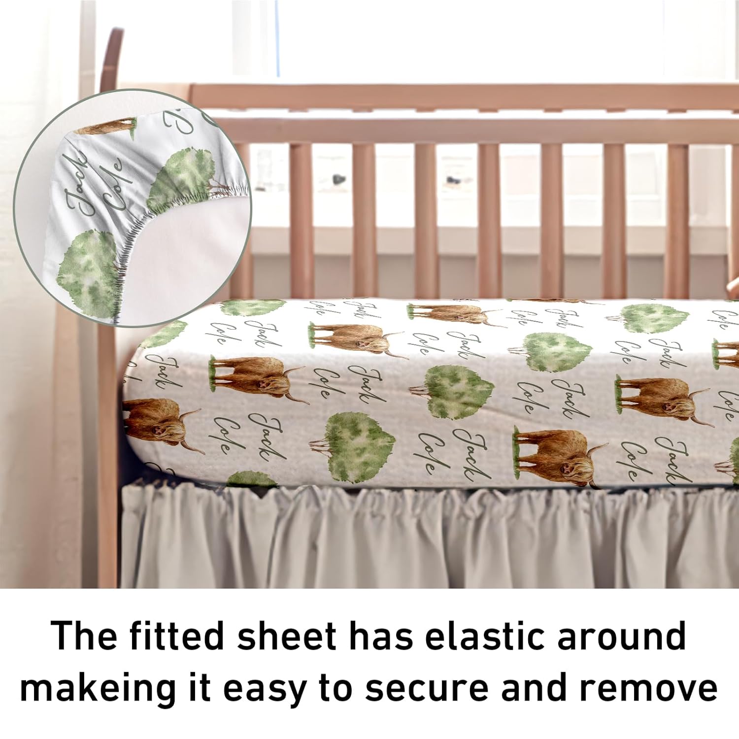 Personalized Baby Crib Bedding Set, Highland Cow Design Nursery Bed 3 Pcs Set, Baby Blanket, Fitted Sheet, Pillowcase for Newborn Girls Boys, Custom Name Nursery Bedding Set Gifts image 4 of 7 B0F9NKRPT8