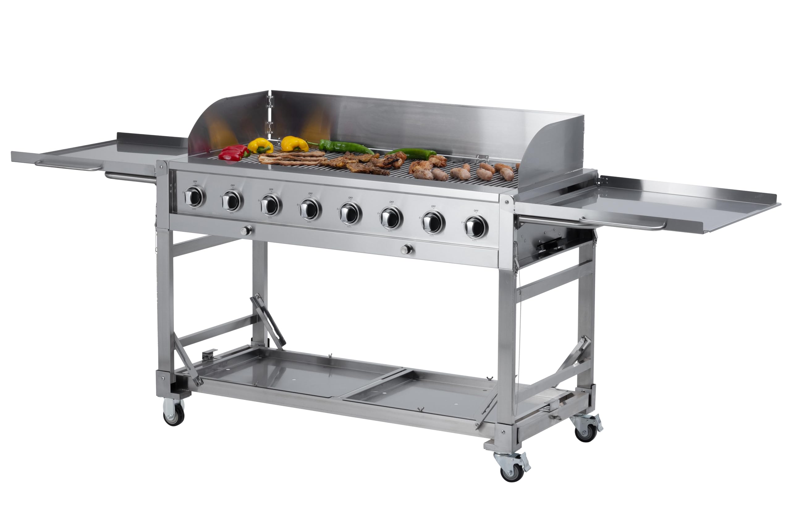 METRO Professional Barbecue à Gaz, Acier Inoxydable, 8 Brûleurs, 32 kW, Puissance 116 000 BTU, 4 Grilles de Cuisson, Roulant, Tables Pliables, Argent
