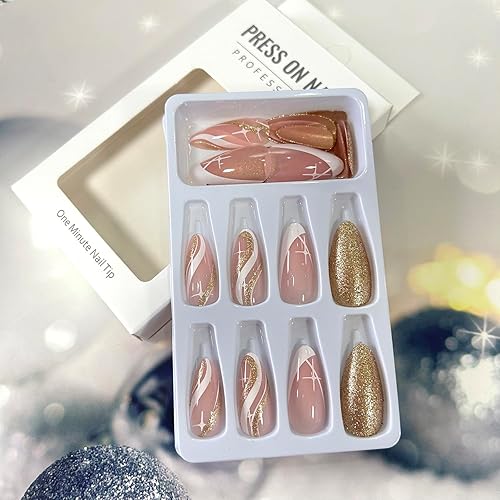 Miniatura 4 de Uñas postizas acrílicas artificiales de almendra media con diseño de estrellas onduladas blancas, cobertura completa, reutilizables, estilo ataúd,