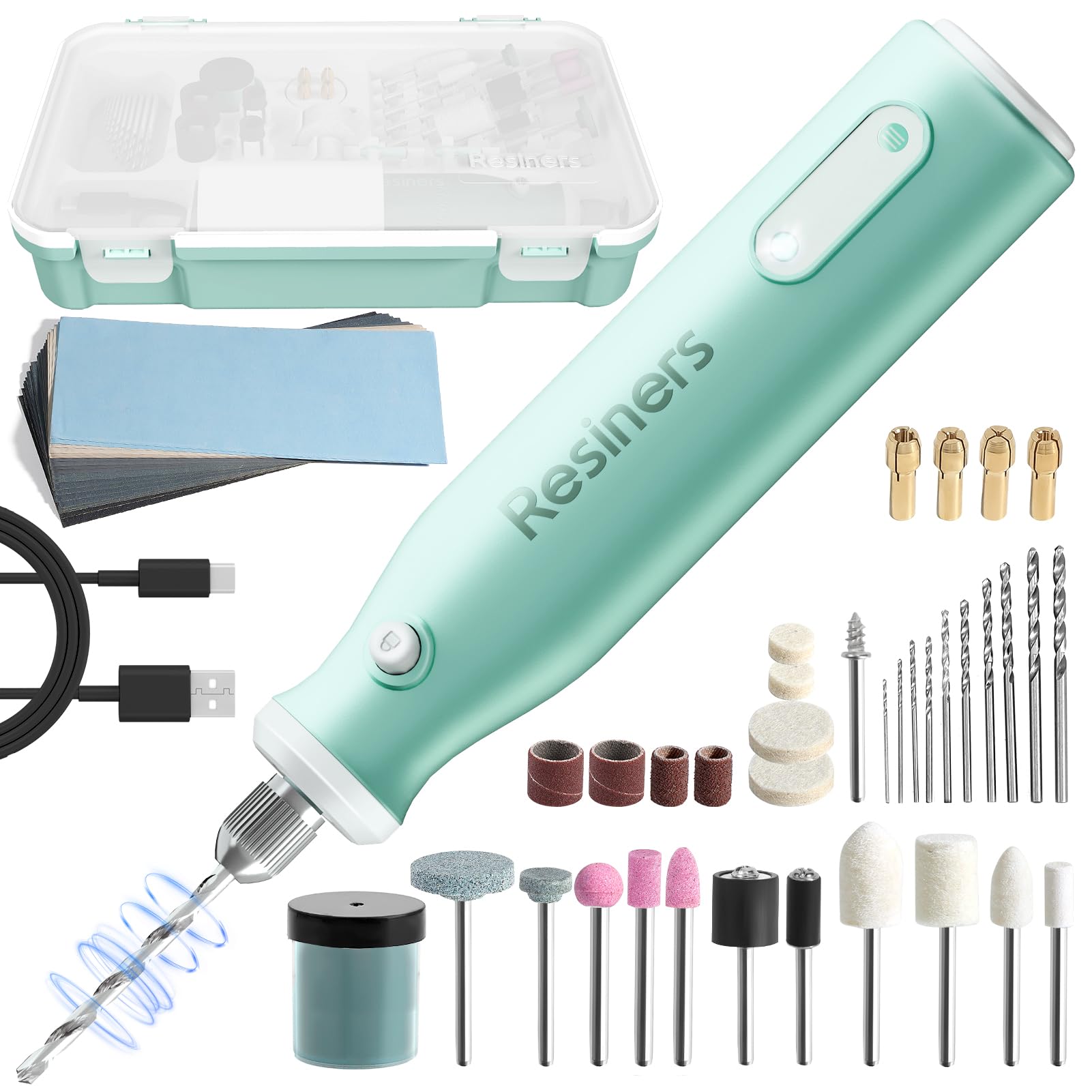 Resiners Cordless Rotary Tool Kit, Resin Drill & Polishing Kit, 8-Speed Adjustable, Type-C Charging, 52pcs Electric Jewelry Making Kit for Drilling, Polishing, Sanding, Grinding DIY Crafts