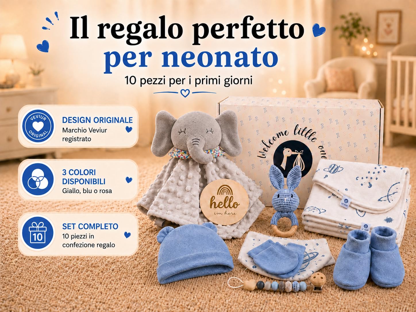 Regalo Neonato Maschio Femmina - Regalo Nascita Bimba Bimbo - Set Cofanetto Cesto Kit Nascita 10 Pezzi - Neonata Unisex Marchio Spagnolo