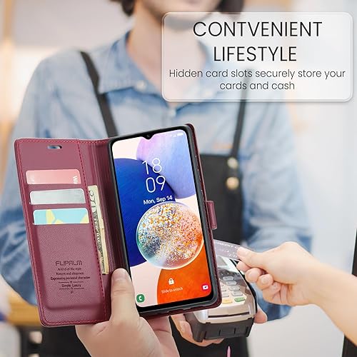 Miniatura 5 de FLIPALM Funda tipo cartera para Samsung Galaxy A14 5G con bloqueo RFID, soporte para tarjeta de crédito, de piel sintética, función atril, funda