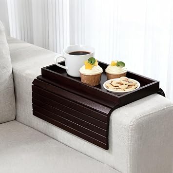 Bamboo Couch Arm Tray, Foldable Sofa Tray Table for Couch, Anti-Falling Sofa Cup Holder, Portable Sofa Arm Chair Table for Drink,Cups, Eats,Snacks, Phone, Remote, Mahogany