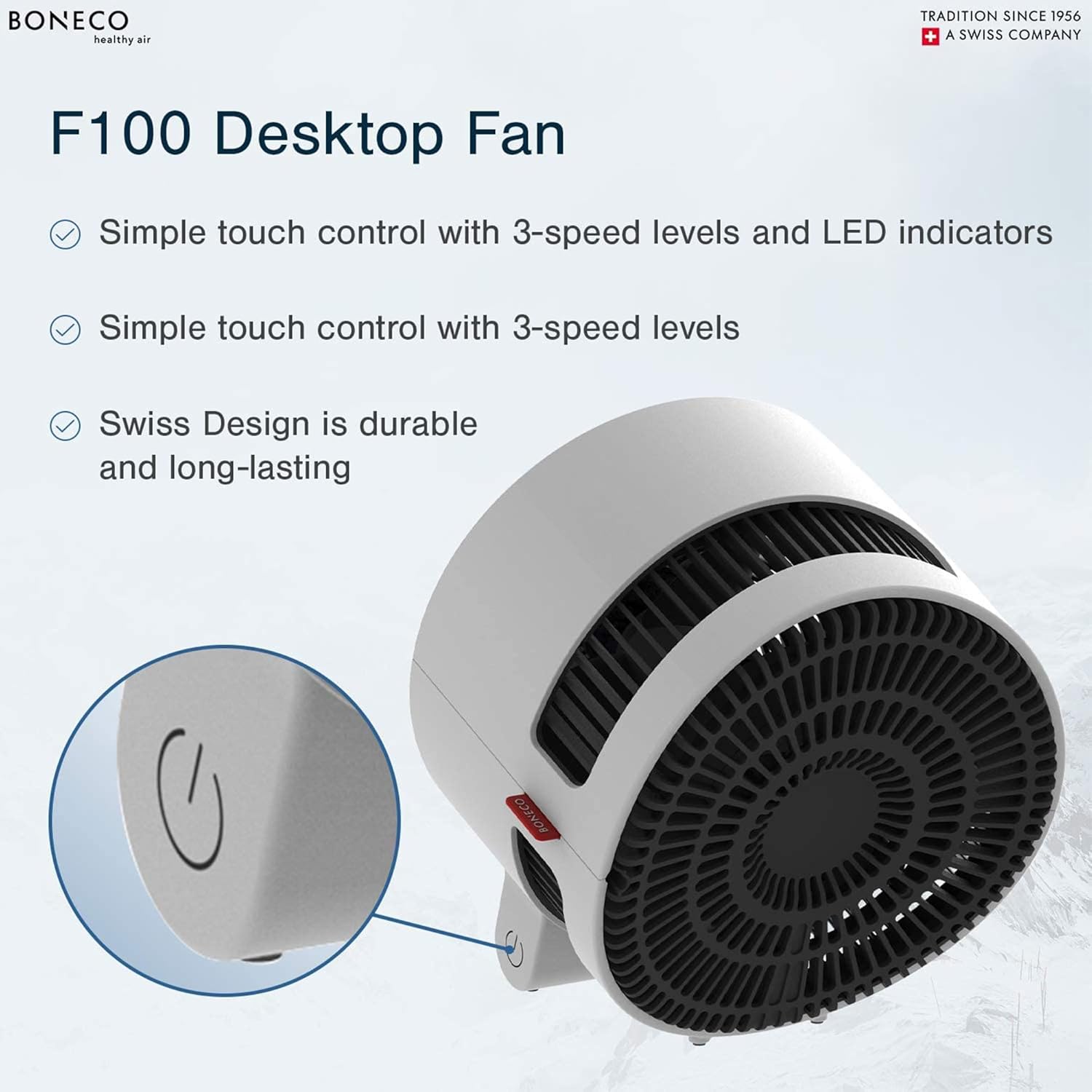 Close-up of BONECO F100 touch control and design