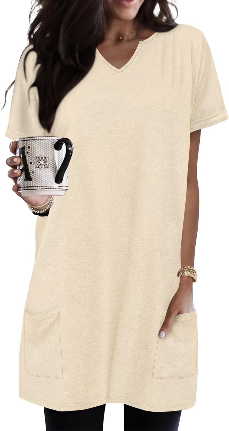 KISSMODA Woman Lightweight Dress with Hood Short Sleeve Summer Loose Pullovers with Pockets Long Tunics Top for Leggings